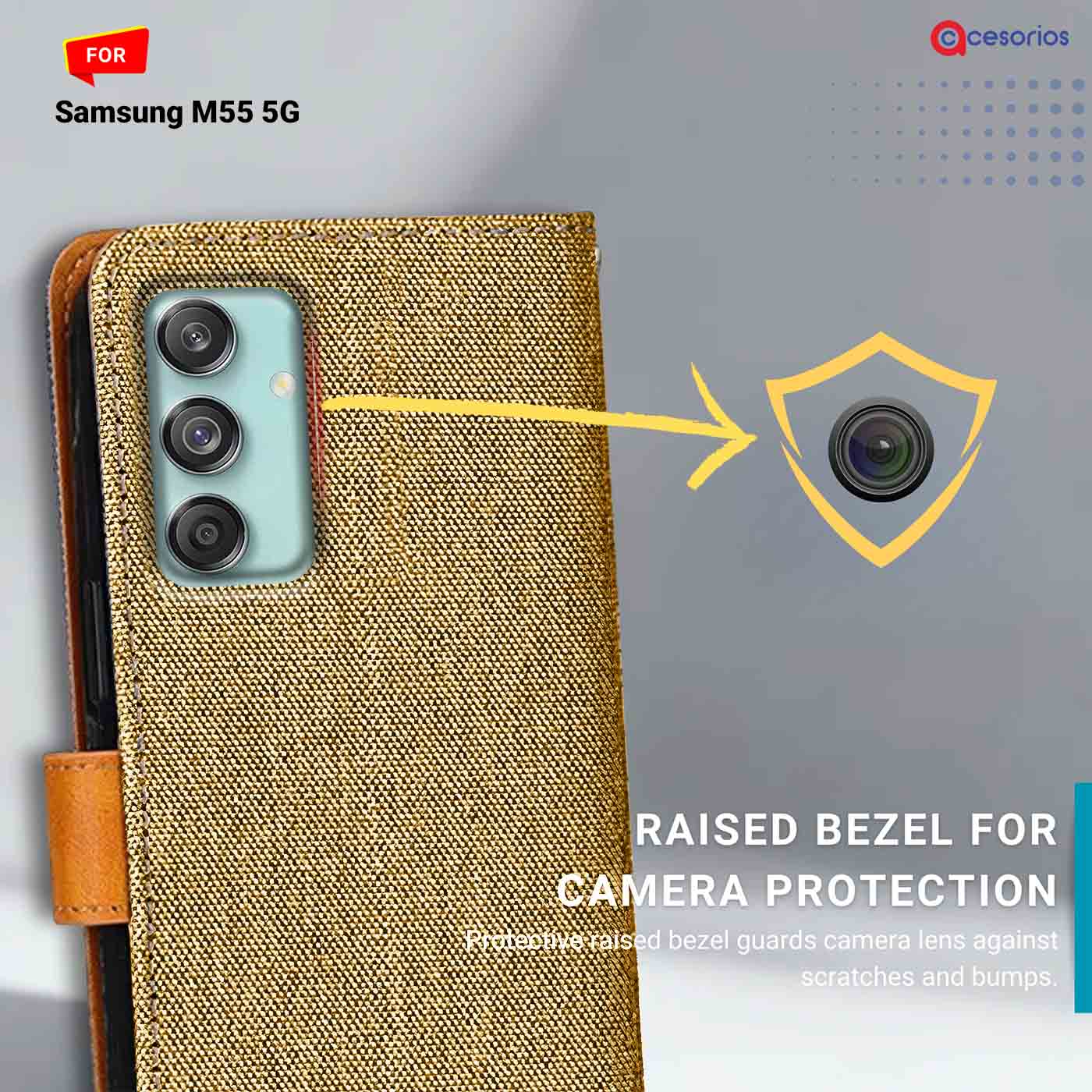 Denim & Leather back panel — Samsung M55 5G in Light Brown mobile case