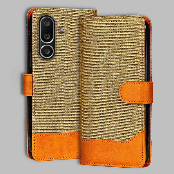 Samsung M56 5G Flip Cover — Denim, Camel Beige after a year of daily use