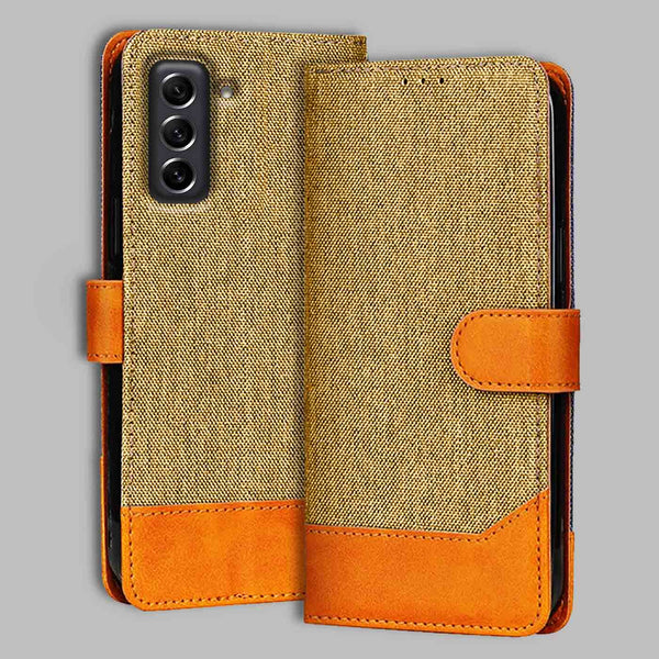 Samsung S21 FE 5G Flip Cover — Denim, Camel Beige after a year of daily use