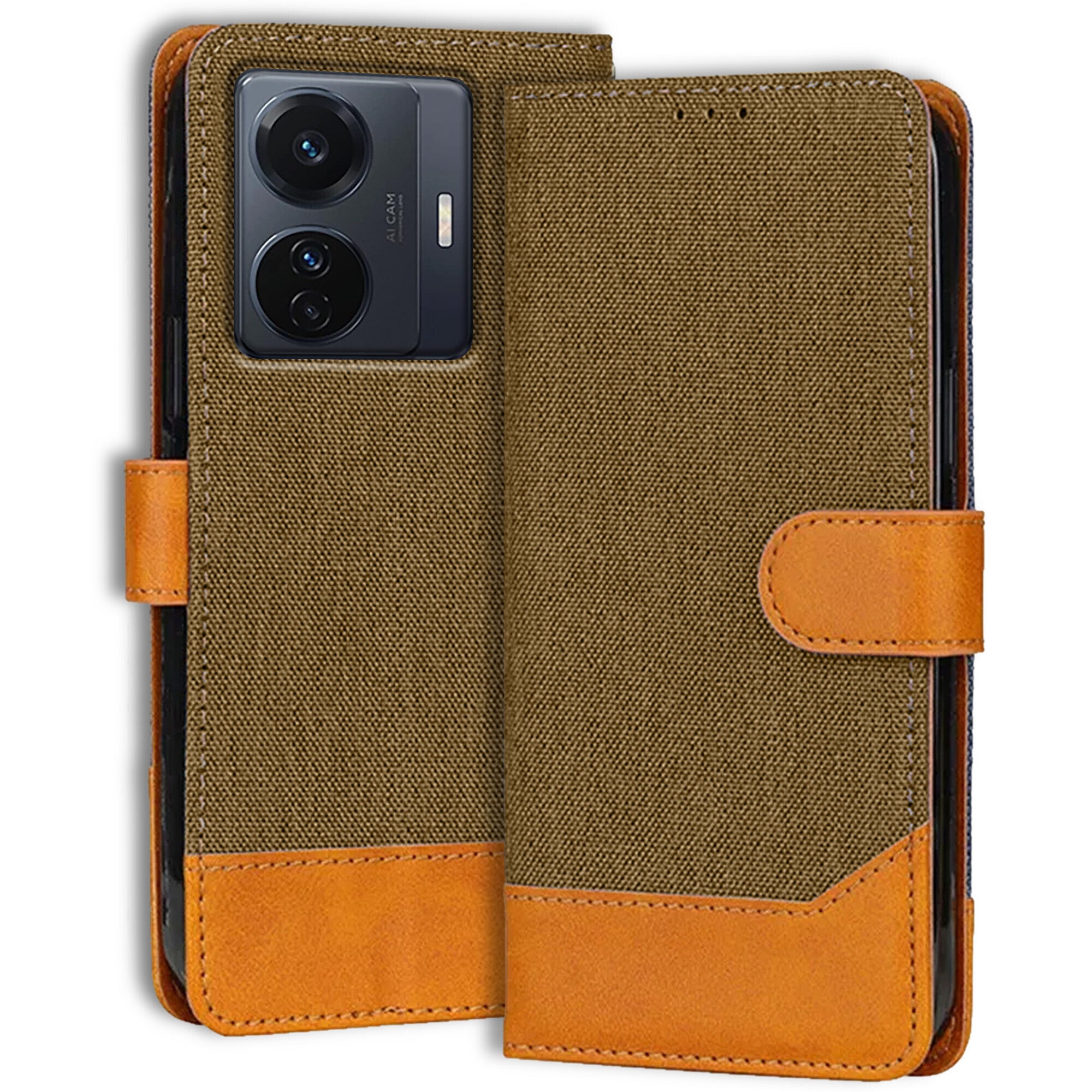 Accesorios Vivo T1 Pro 5G denim flip cover – Dark Brown – Image 1 #color_dark brown