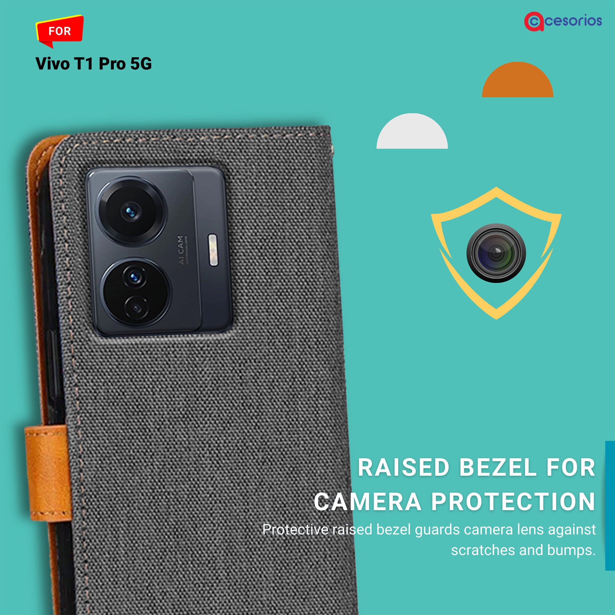 Accesorios Vivo T1 Pro 5G denim flip cover – Grey – Image 2 #color_grey