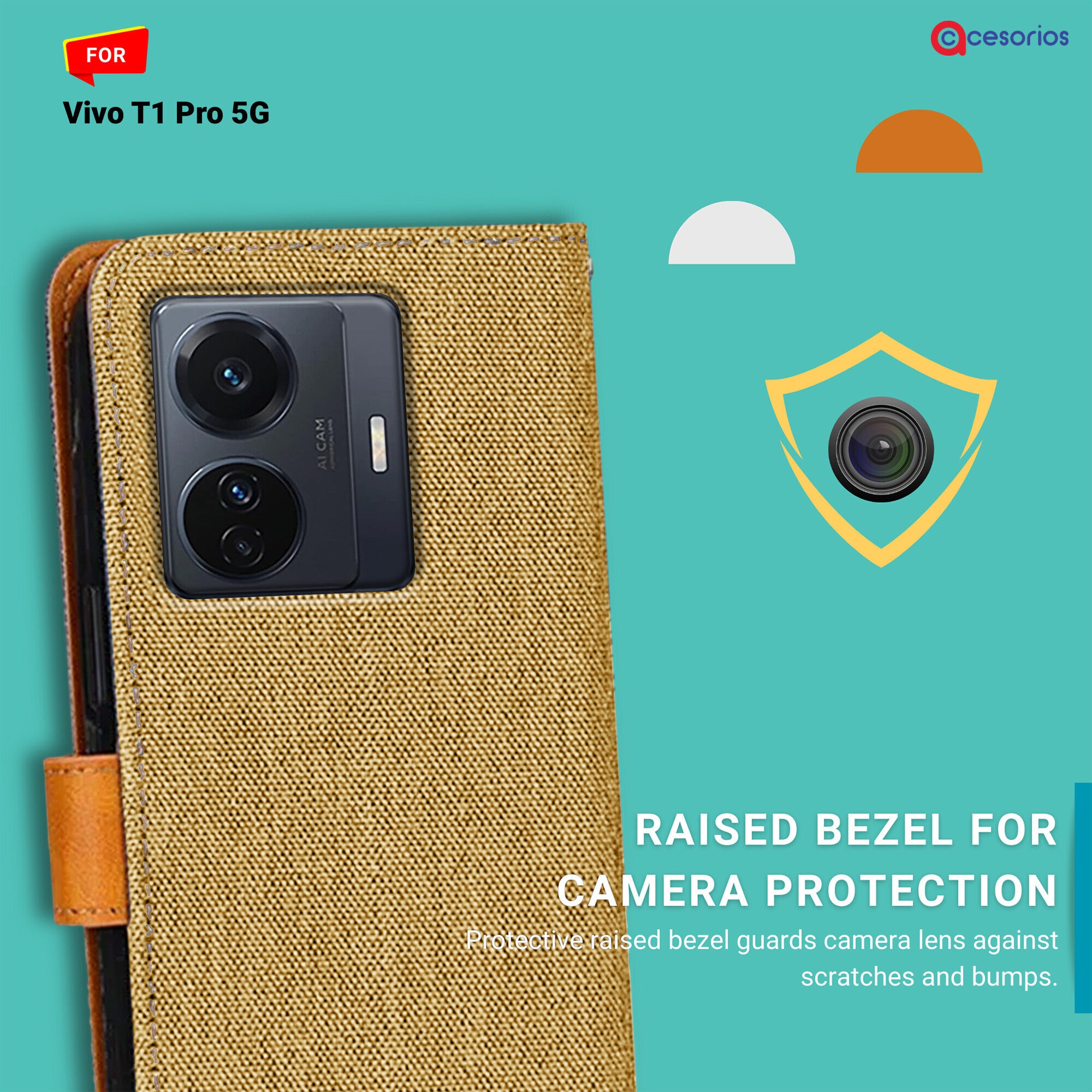 Accesorios Vivo T1 Pro 5G denim flip cover – Light Brown – Image 2 #color_light brown