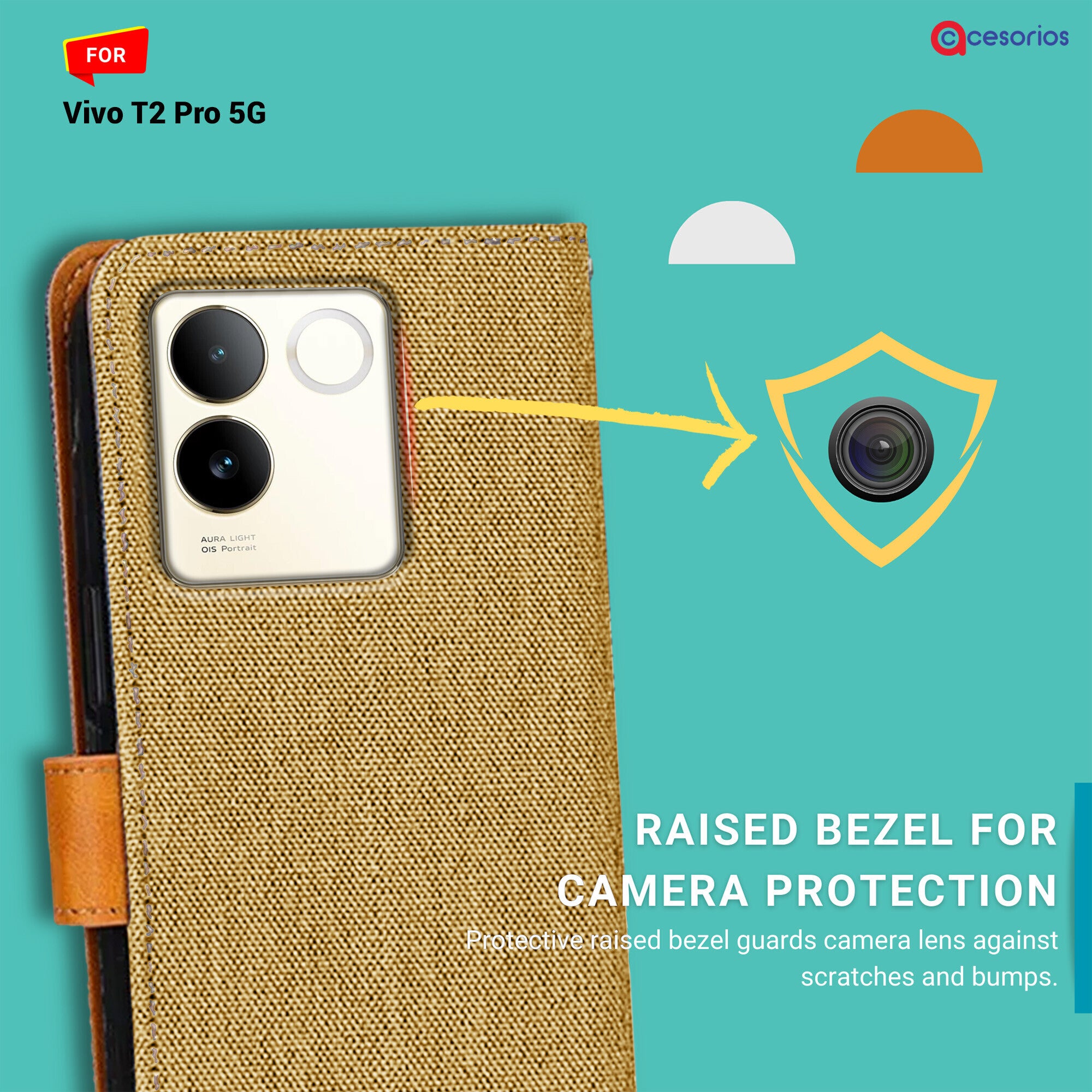 Accesorios Vivo T2 Pro 5G denim flip cover – Light Brown – Image 2 #color_light brown