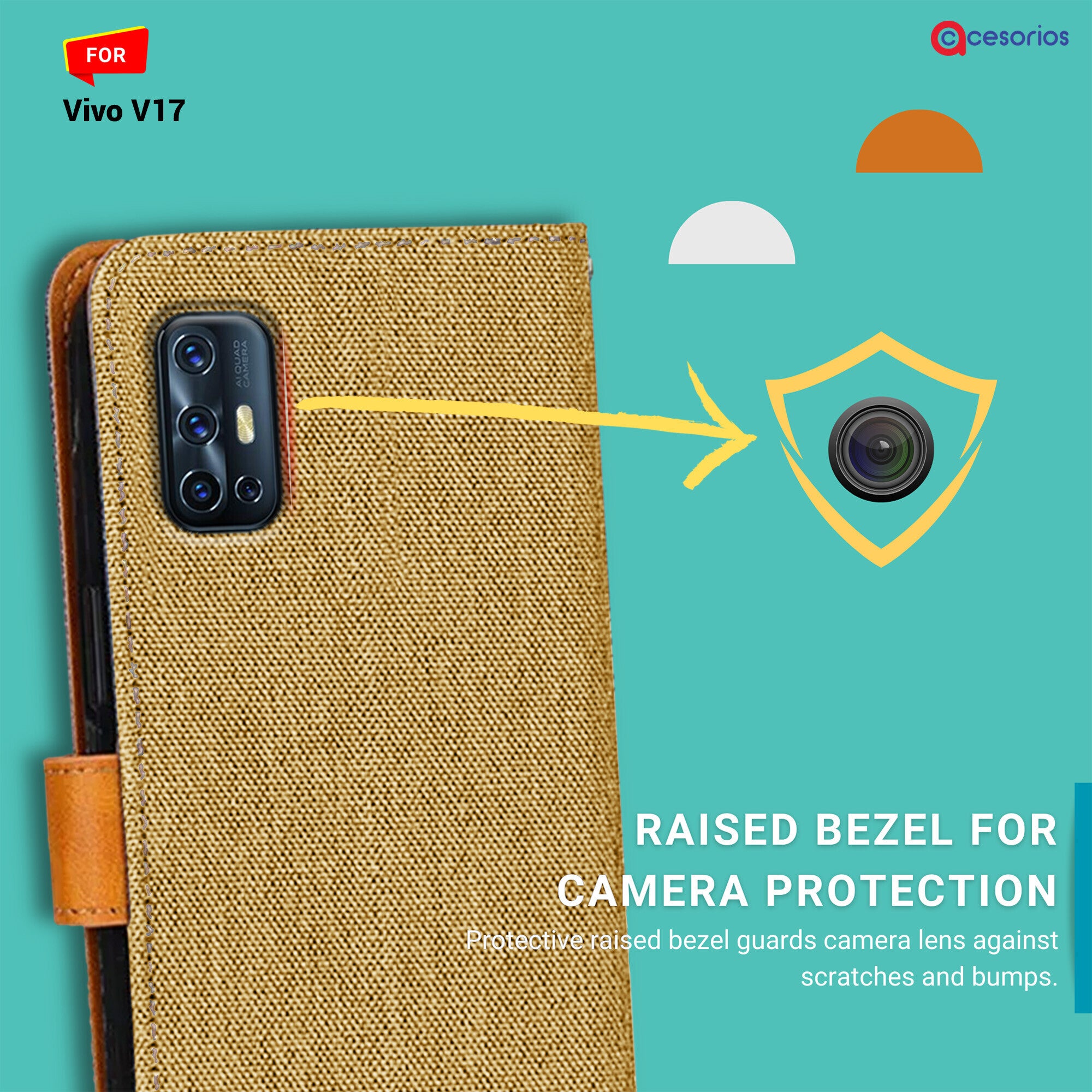 Accesorios Vivo V17 denim flip cover – Light Brown – Image 2 #color_light brown