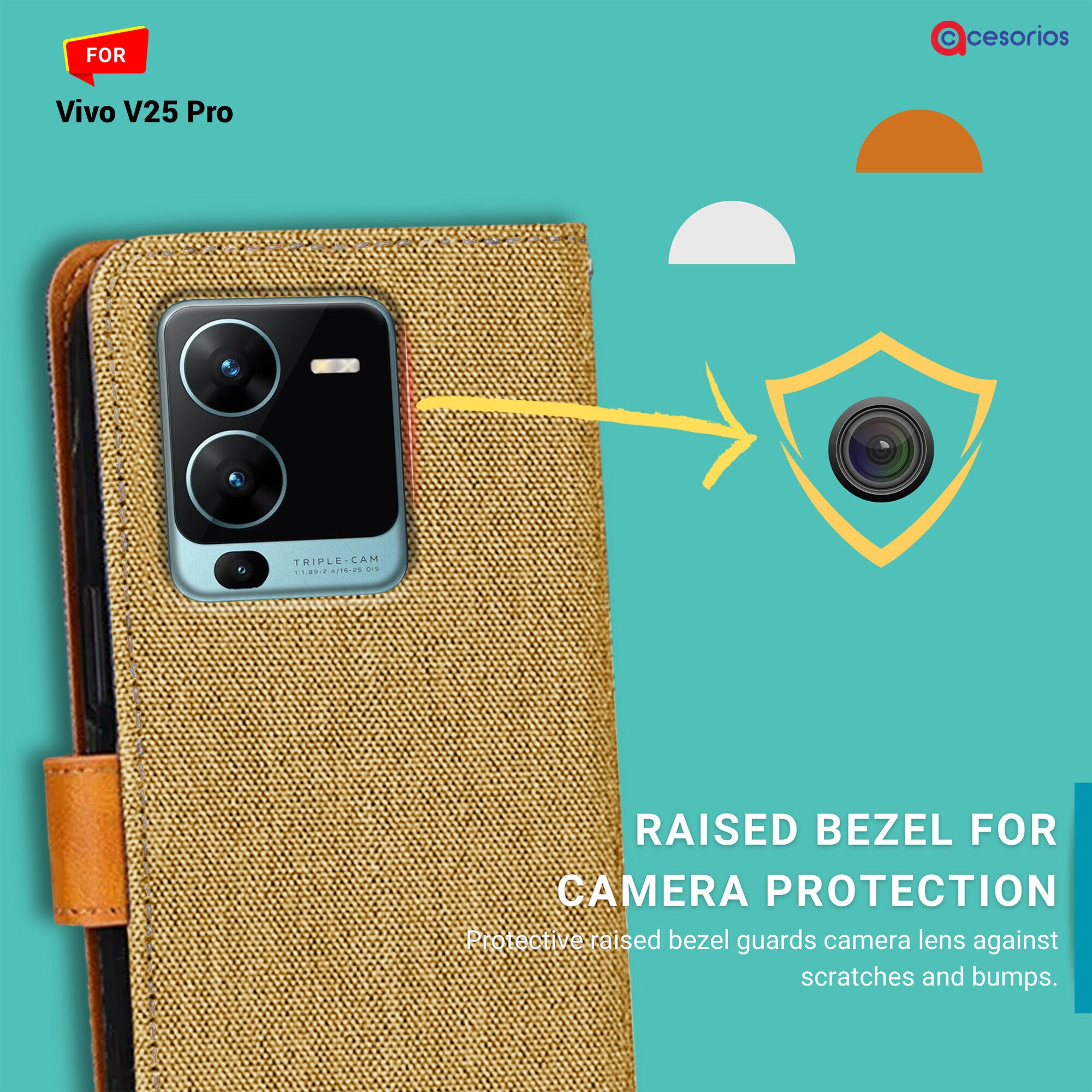 Accesorios Vivo V25 Pro denim flip cover – Light Brown – Image 2 #color_light brown
