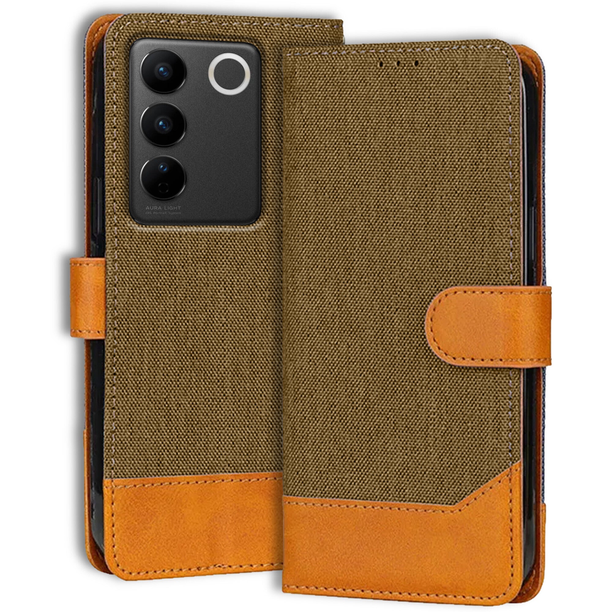 Accesorios Vivo V27 5G denim flip cover – Dark Brown – Image 1 #color_dark brown