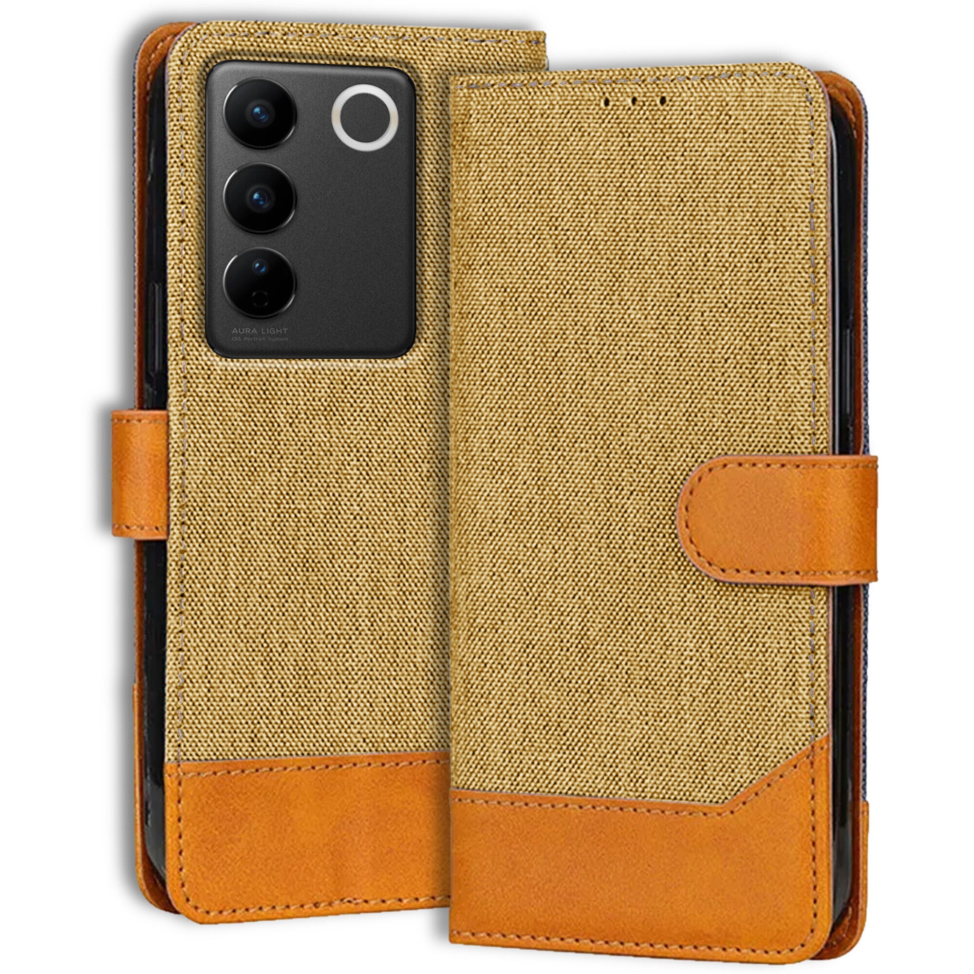 Accesorios Vivo V27 5G denim flip cover – Light Brown – Image 1 #color_light brown