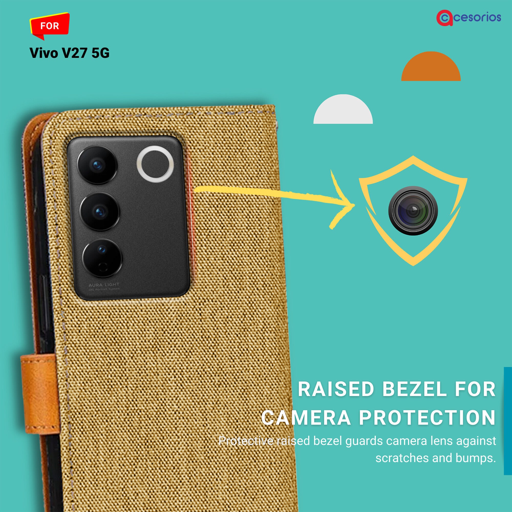Accesorios Vivo V27 5G denim flip cover – Light Brown – Image 2 #color_light brown