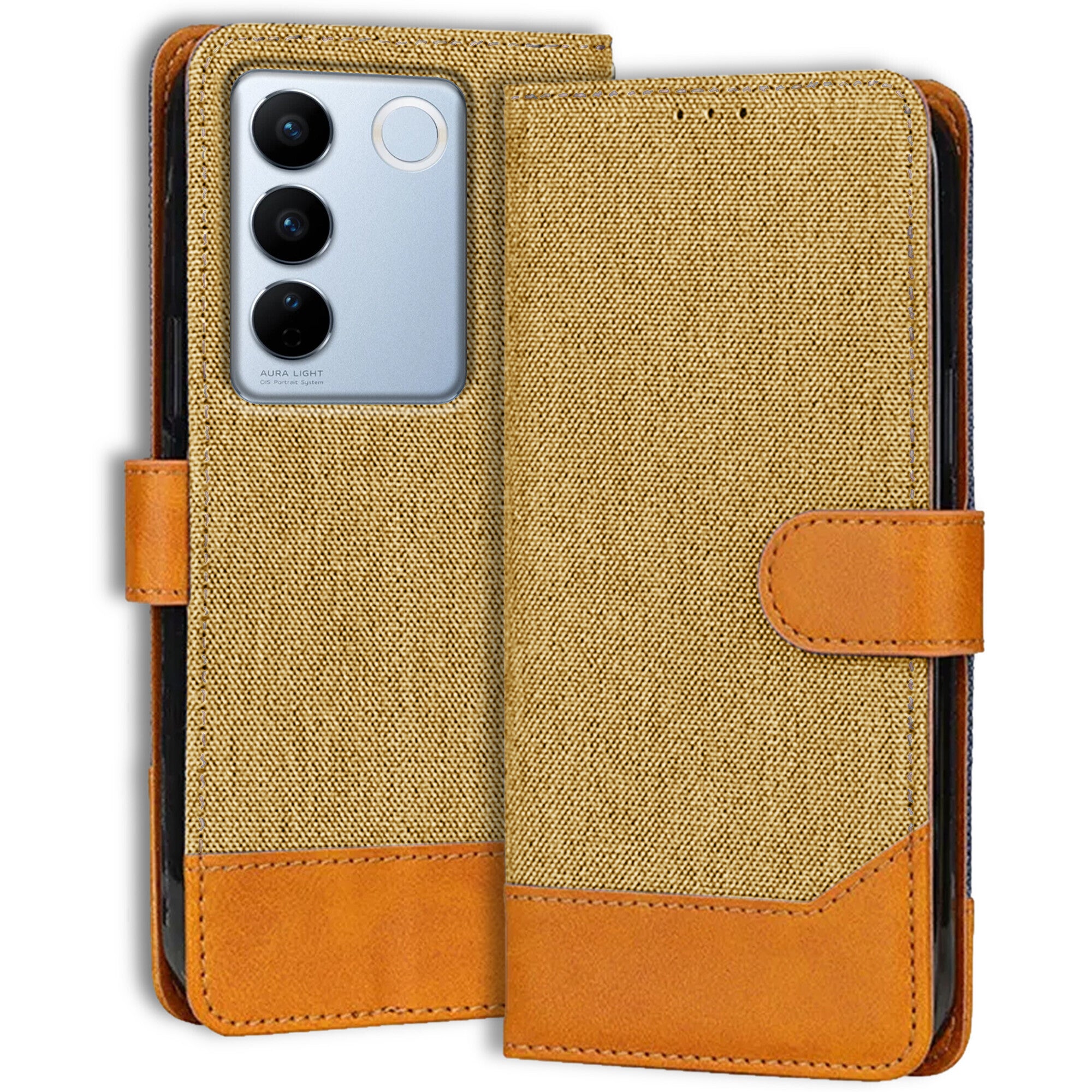 Accesorios Vivo V27 Pro 5G denim flip cover – Light Brown – Image 1 #color_light brown