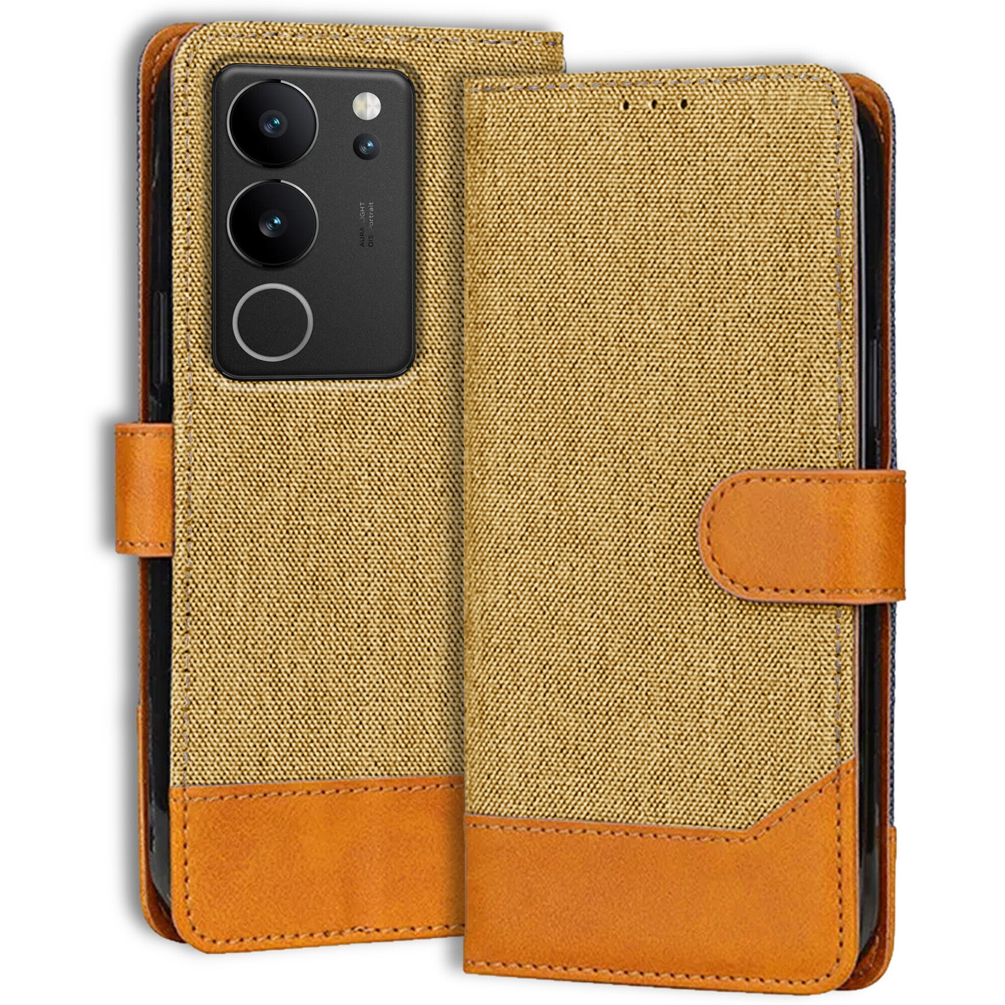 Accesorios Vivo V29 5G denim flip cover – Light Brown – Image 1 #color_light brown