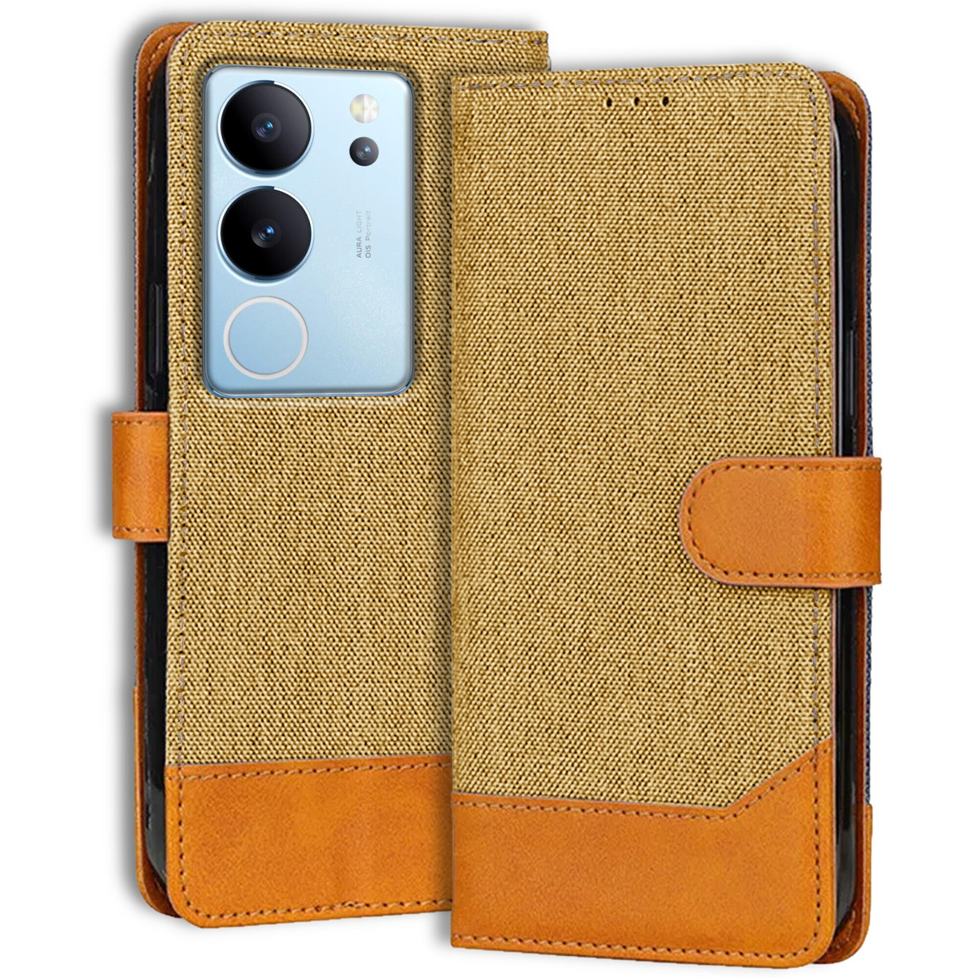 Accesorios Vivo V29 Pro denim flip cover – Light Brown – Image 1 #color_light brown