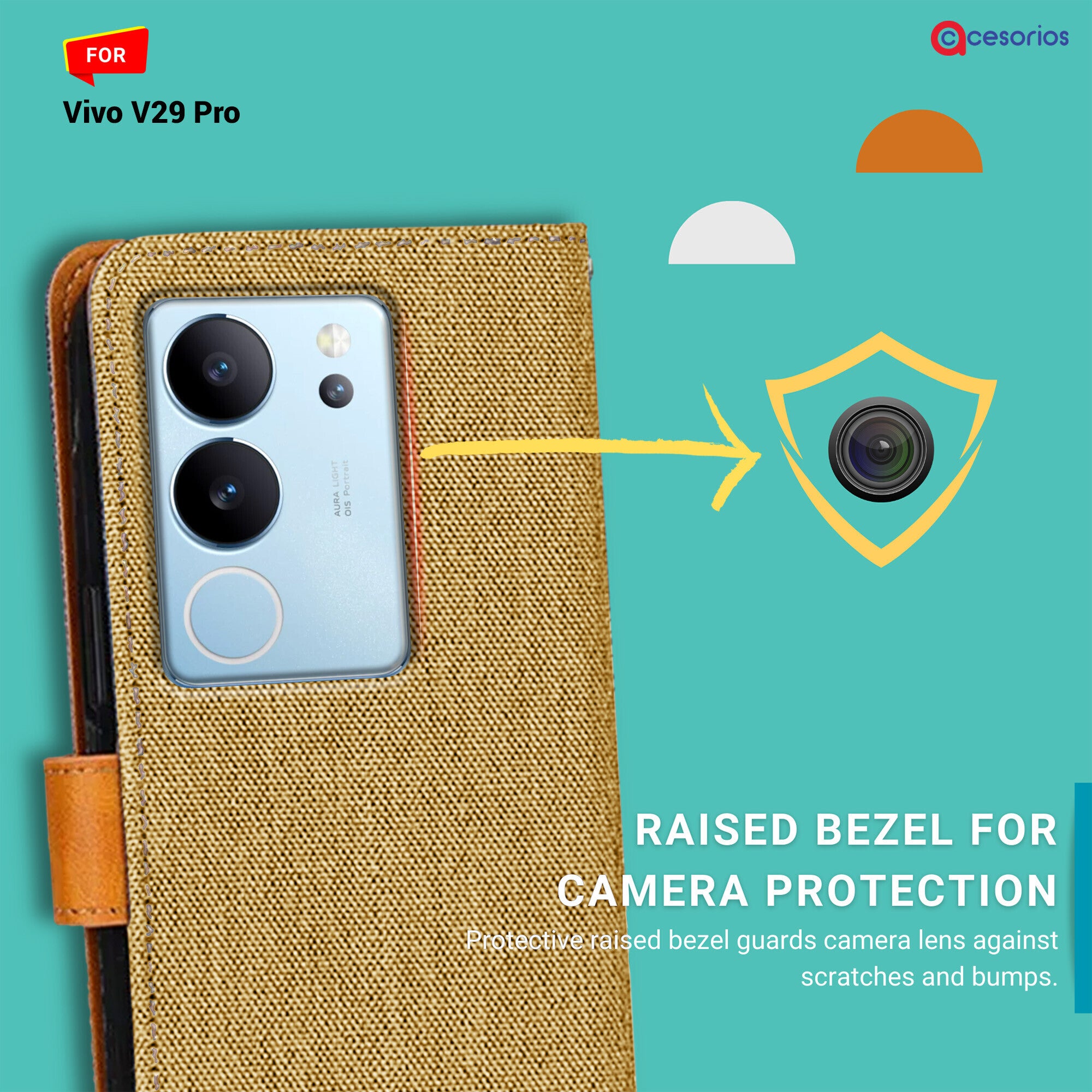 Accesorios Vivo V29 Pro denim flip cover – Light Brown – Image 2 #color_light brown