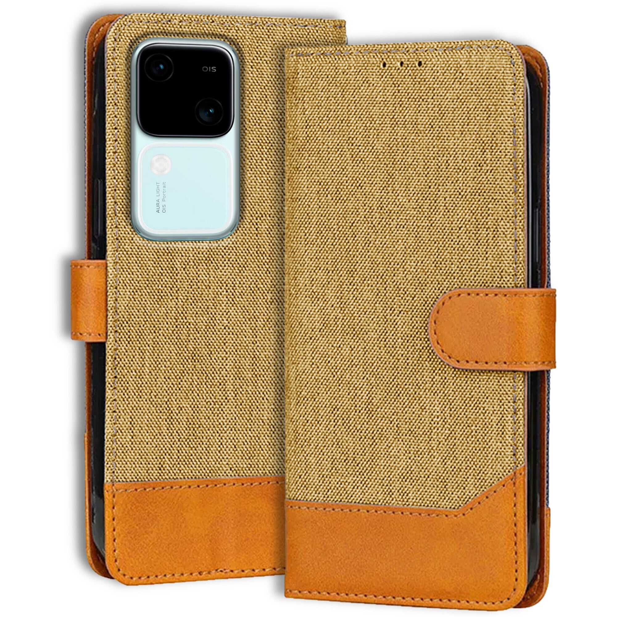 Accesorios Vivo V30 5G denim flip cover – Light Brown – Image 1 #color_light brown
