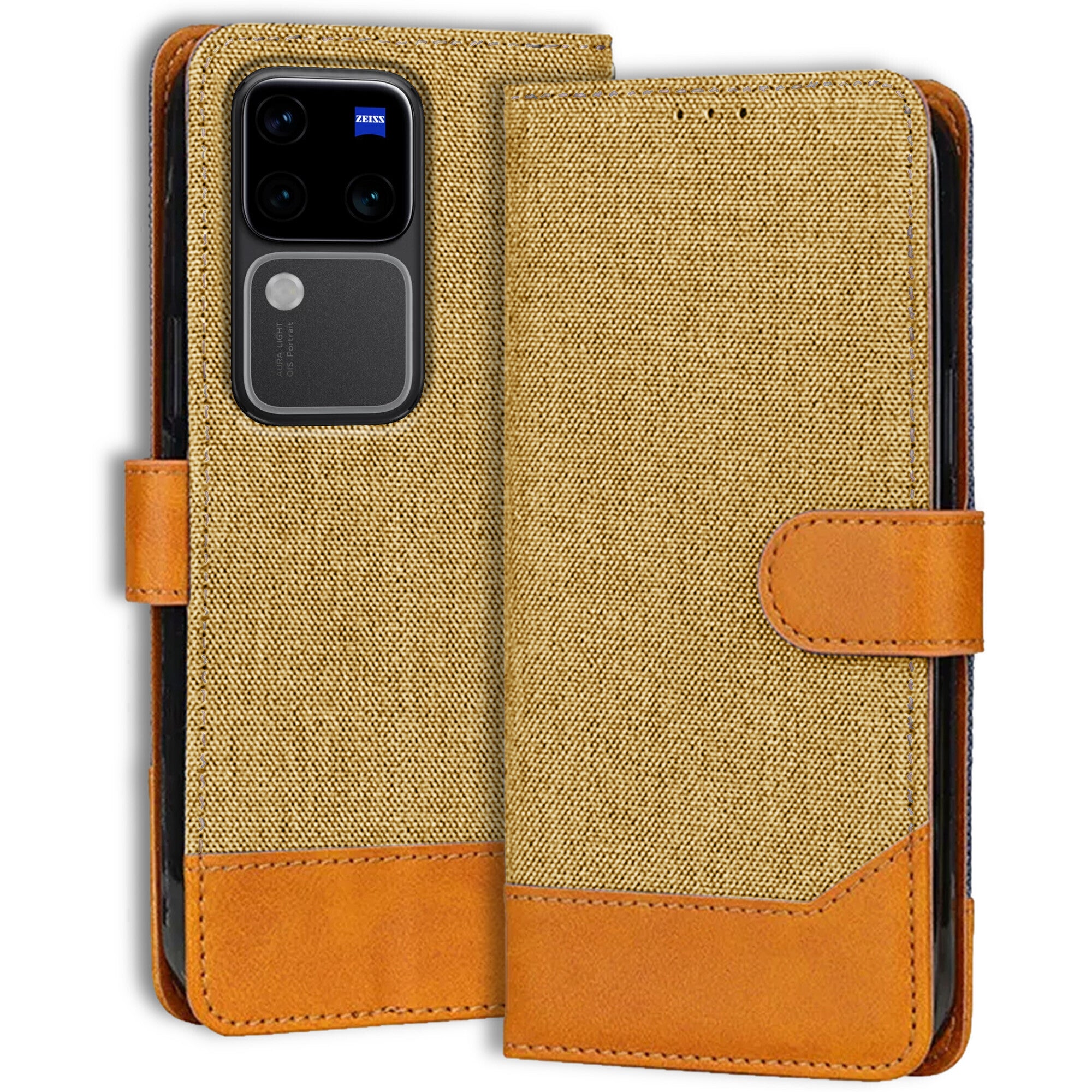 Accesorios Vivo V30 Pro 5G denim flip cover – Light Brown – Image 1 #color_light brown
