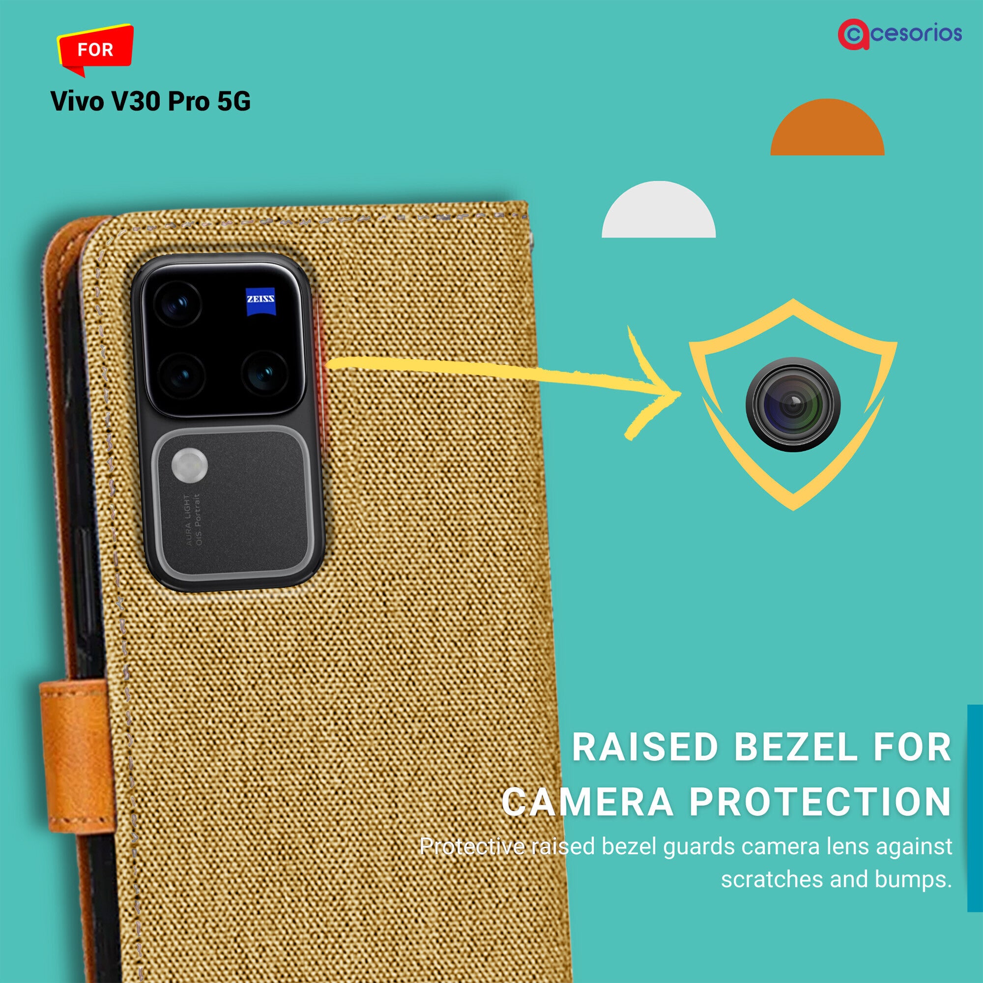 Accesorios Vivo V30 Pro 5G denim flip cover – Light Brown – Image 2 #color_light brown