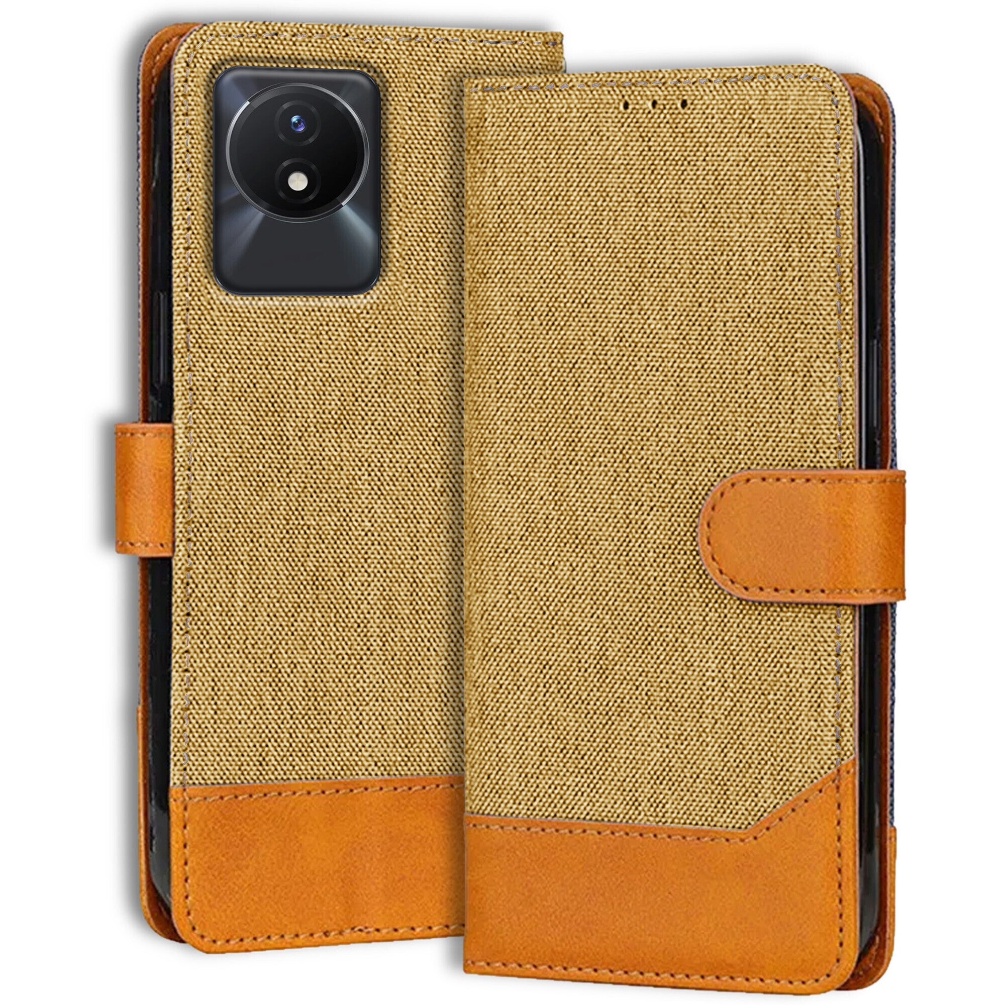 Accesorios Vivo Y02 denim flip cover – Light Brown – Image 1 #color_light brown