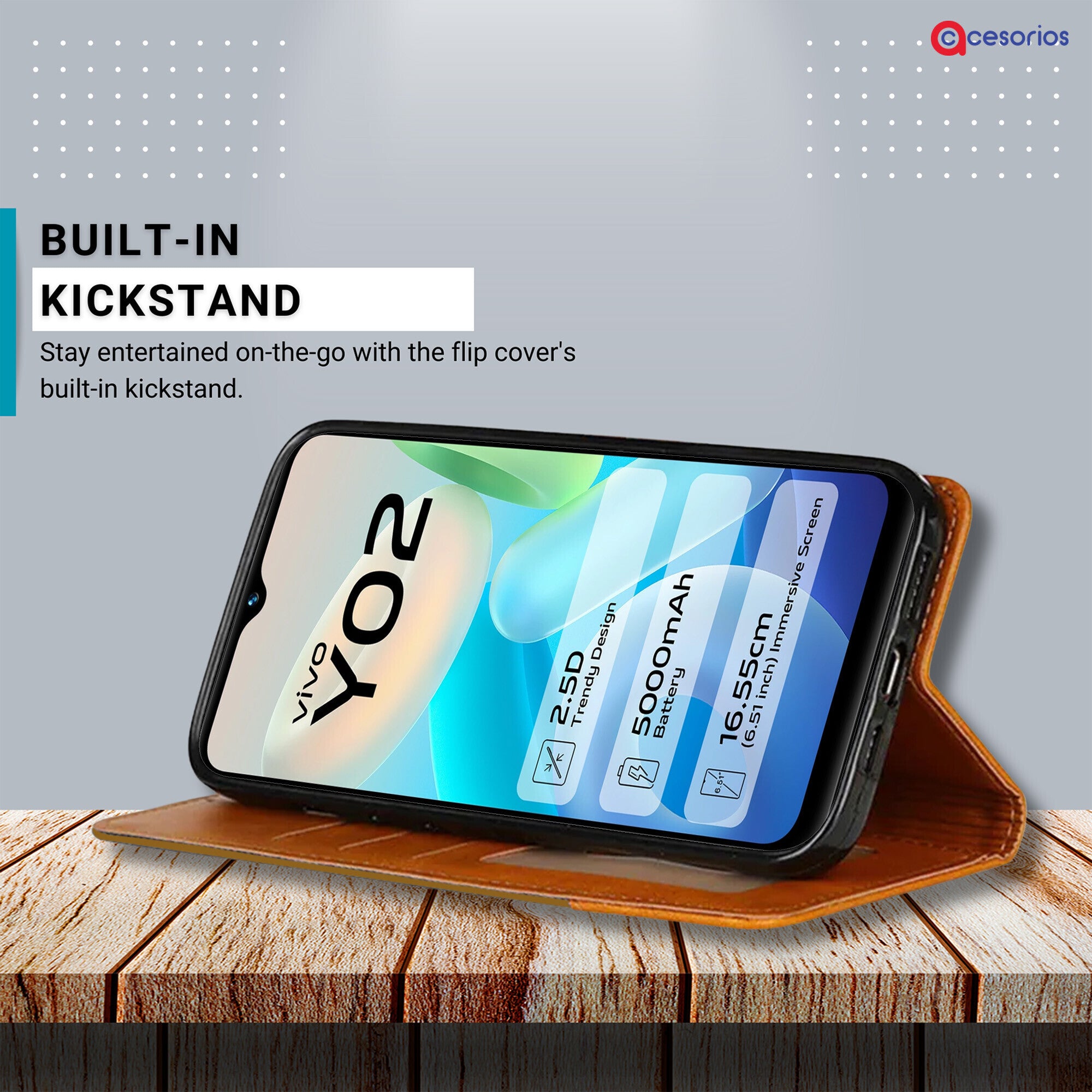 Accesorios Vivo Y02 denim flip cover – Light Brown – Image 4 #color_light brown