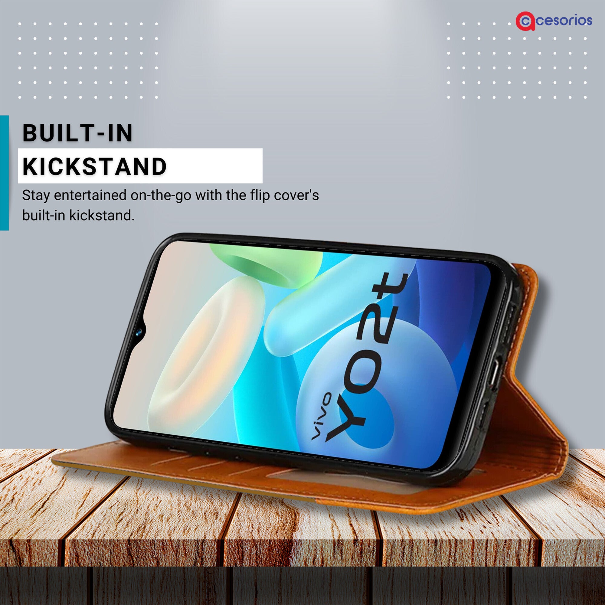 Accesorios Vivo Y02T denim flip cover – Light Brown – Image 4 #color_light brown