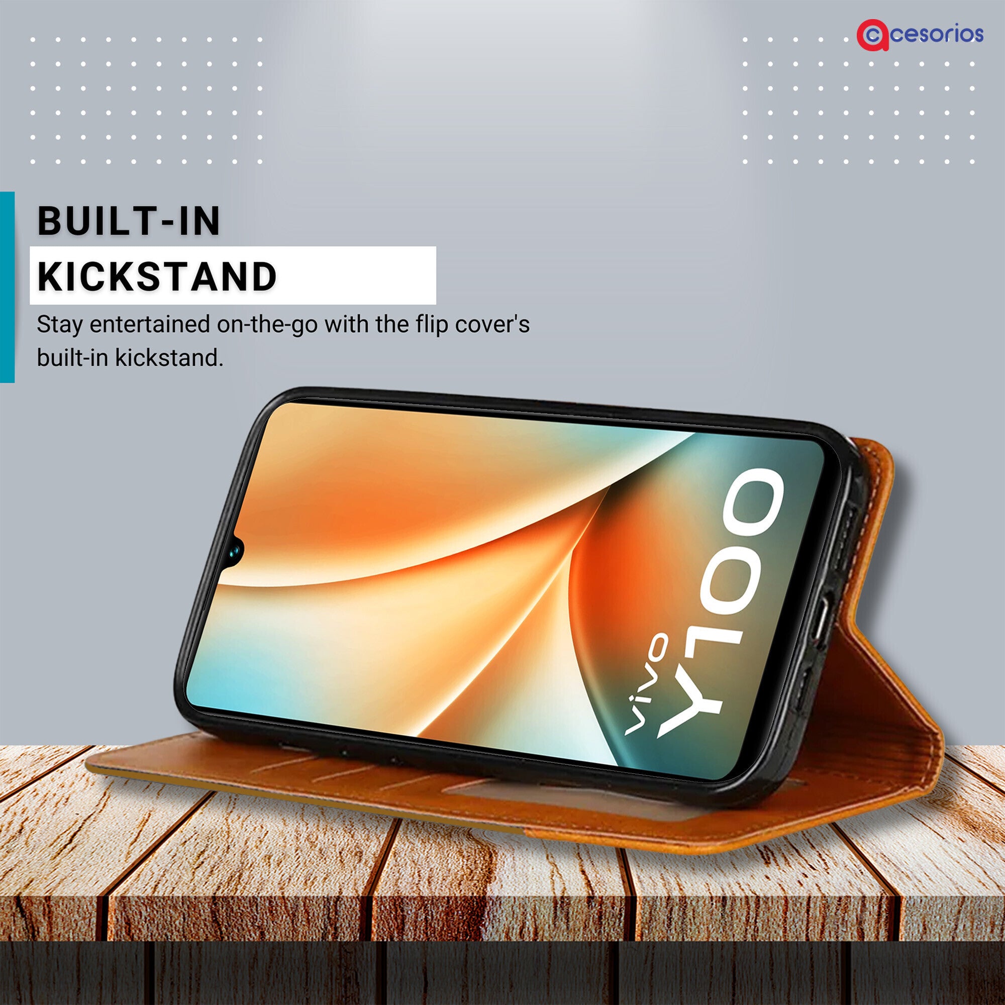 Accesorios Vivo Y100 5G denim flip cover – Light Brown – Image 4 #color_light brown