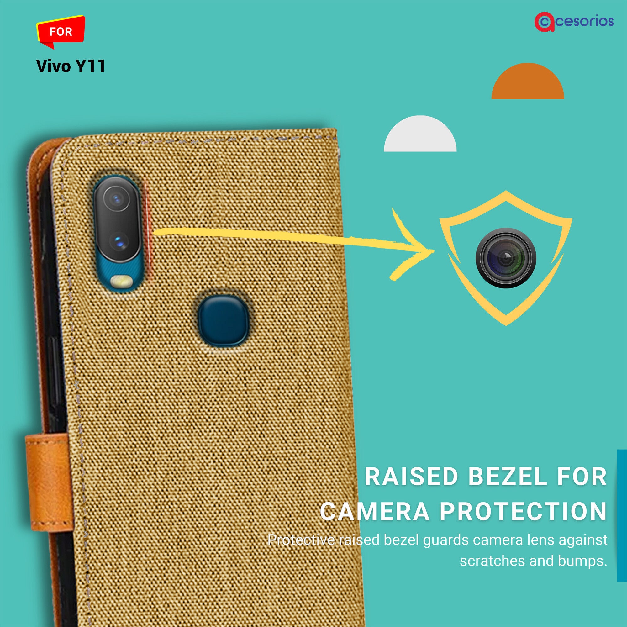 Accesorios Vivo Y11 denim flip cover – Light Brown – Image 2 #color_light brown