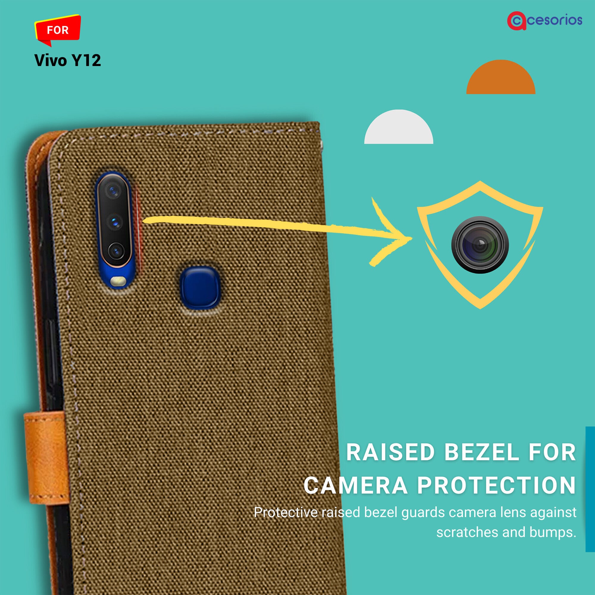 Accesorios Vivo Y12 denim flip cover – Dark Brown – Image 2 #color_dark brown