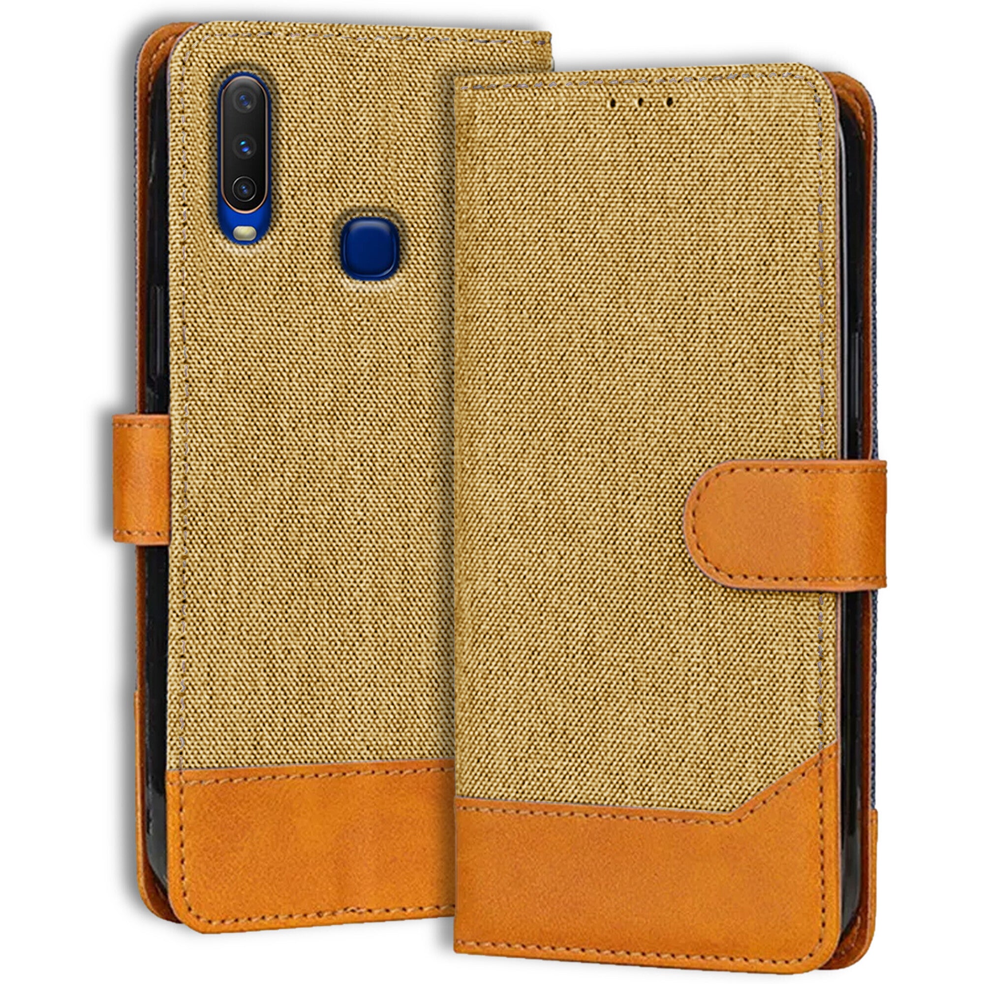 Accesorios Vivo Y12 denim flip cover – Light Brown – Image 1 #color_light brown