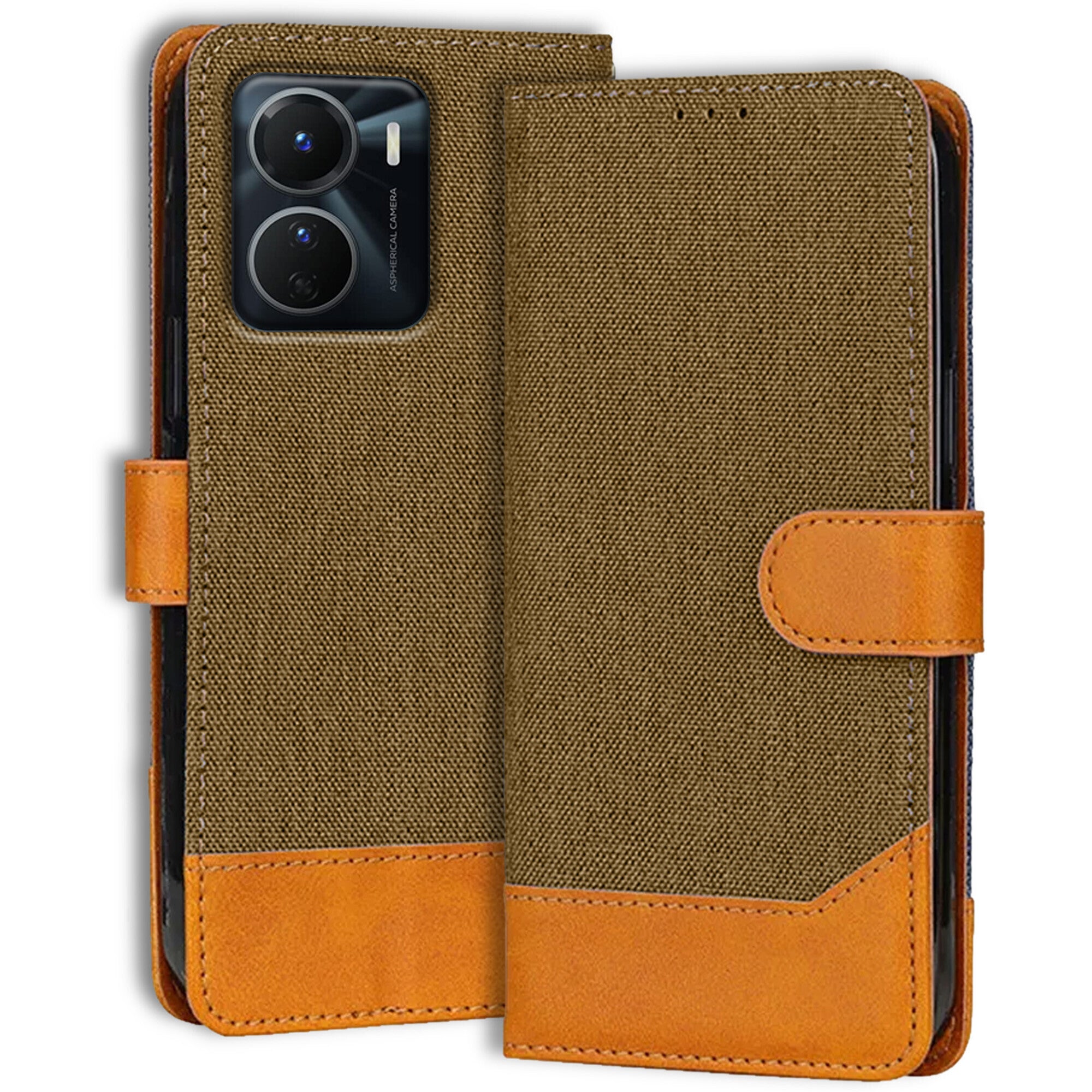Accesorios Vivo Y16 denim flip cover – Dark Brown – Image 1 #color_dark brown