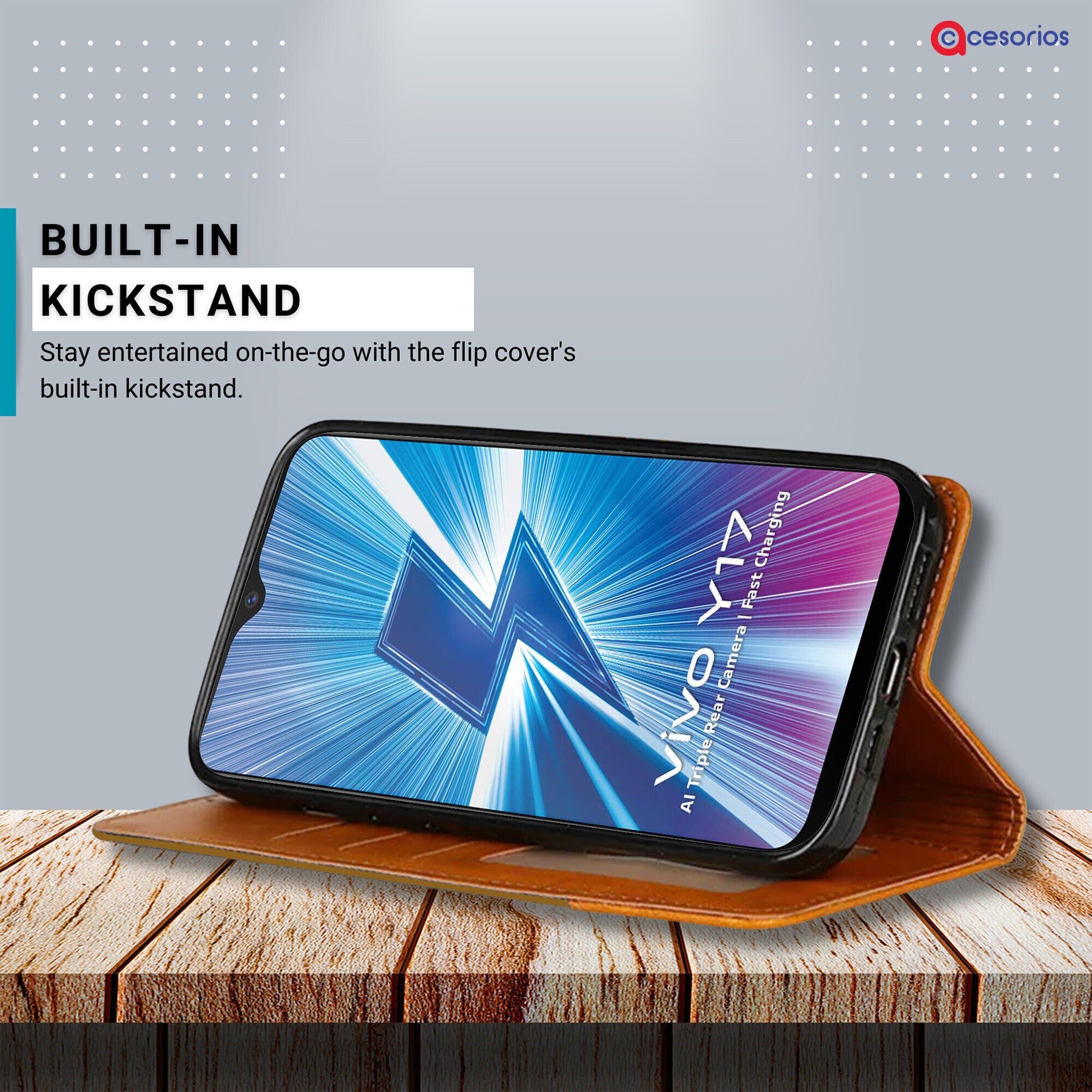 Accesorios Vivo Y17 denim flip cover – Light Brown – Image 4 #color_light brown