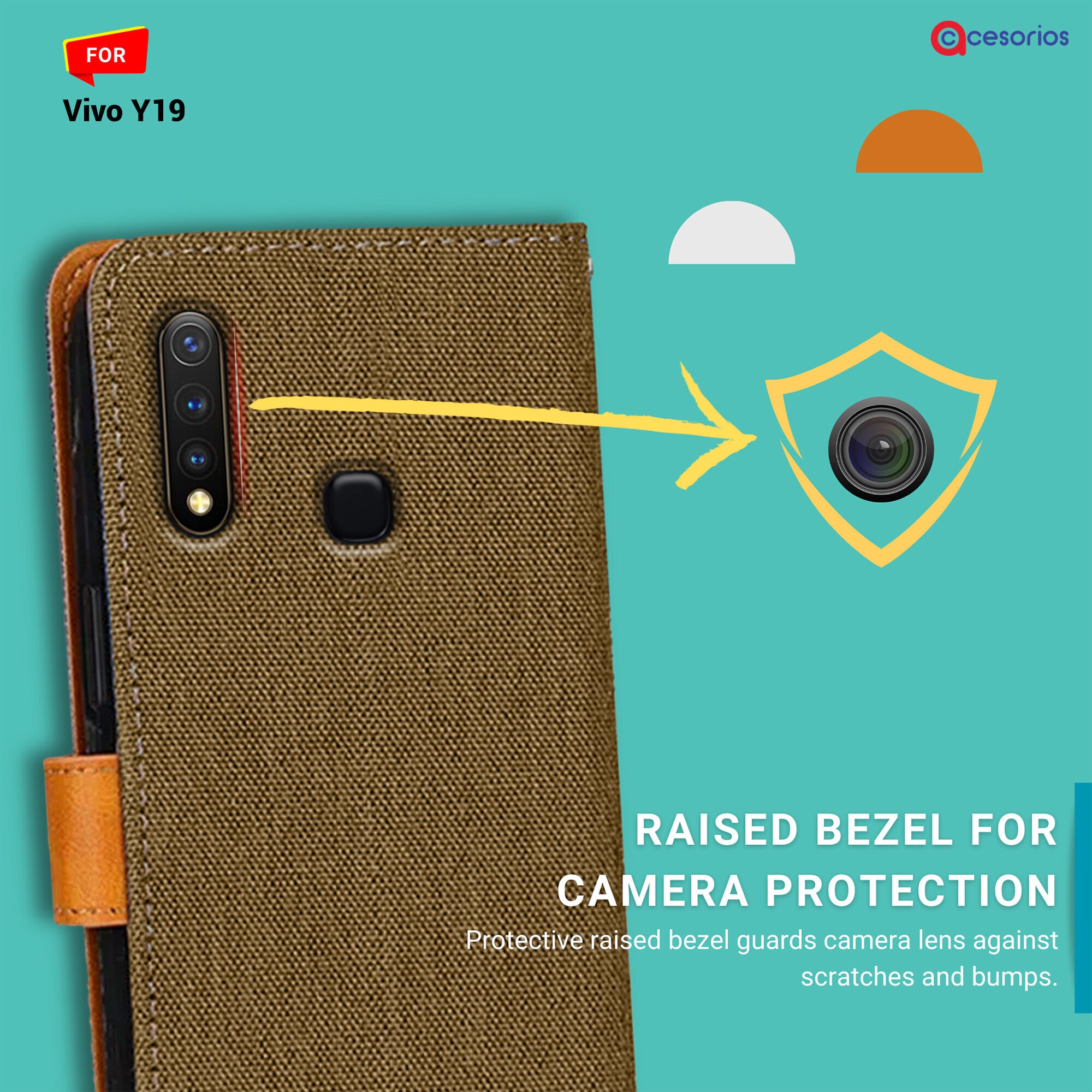 Accesorios Vivo Y19 denim flip cover – Dark Brown – Image 2 #color_dark brown