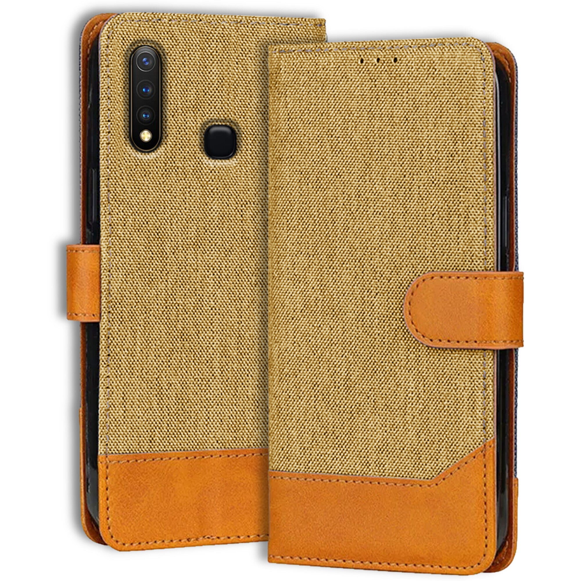 Accesorios Vivo Y19 denim flip cover – Light Brown – Image 1 #color_light brown