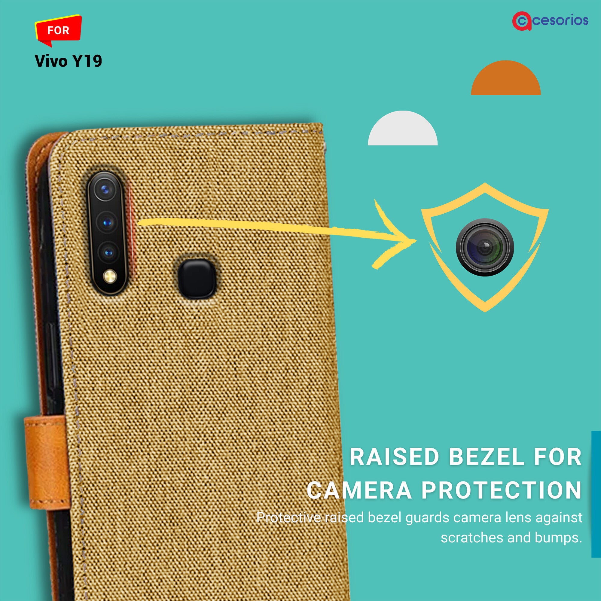 Accesorios Vivo Y19 denim flip cover – Light Brown – Image 2 #color_light brown