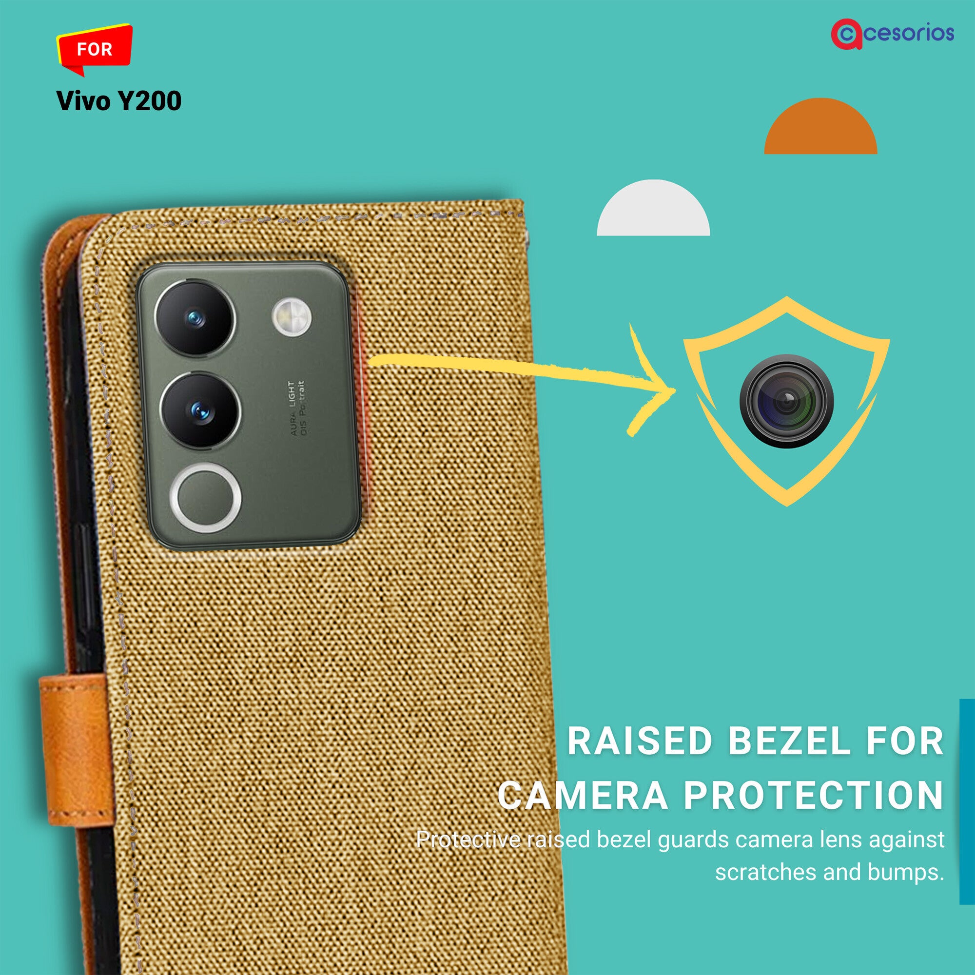 Accesorios Vivo Y200 denim flip cover – Light Brown – Image 2 #color_light brown