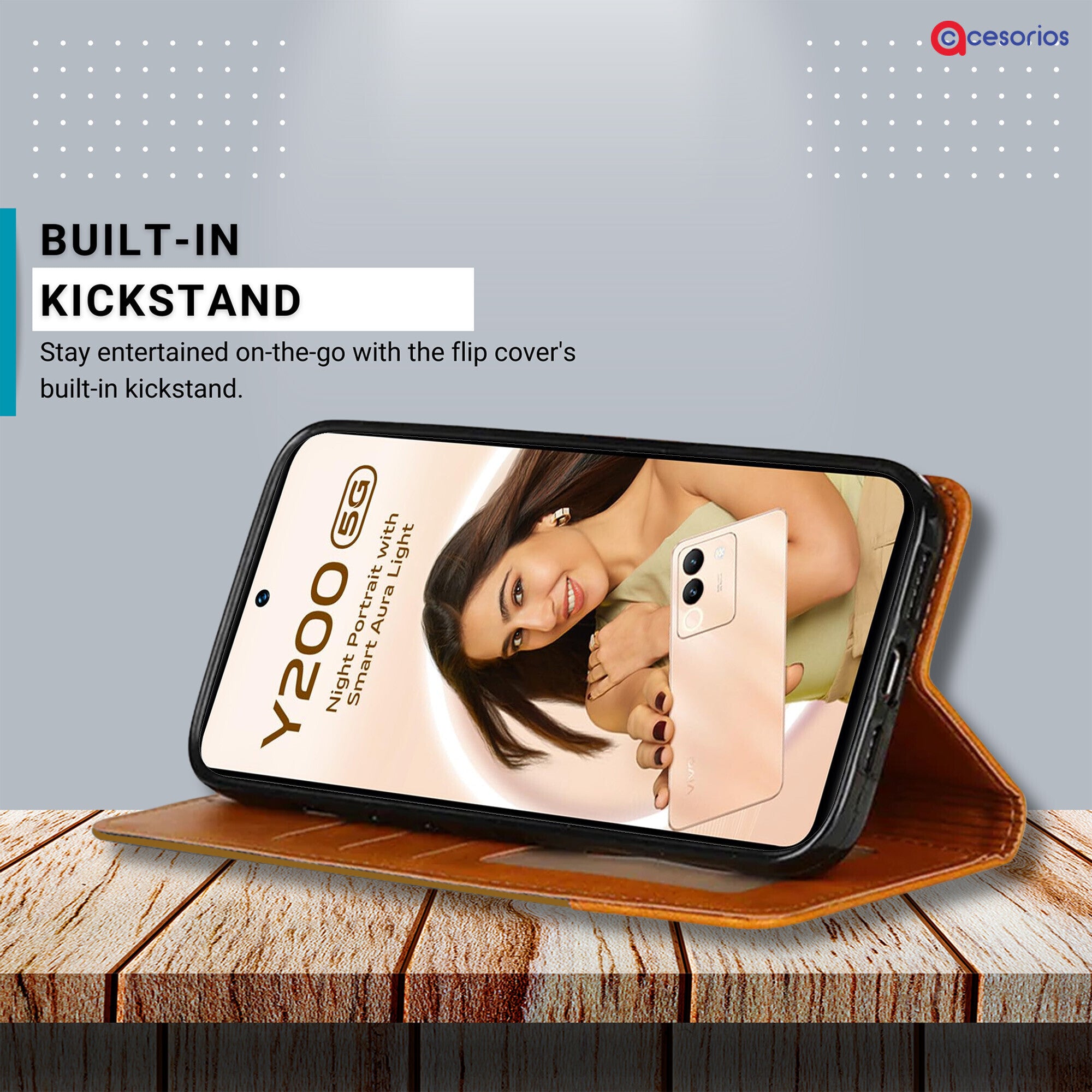 Accesorios Vivo Y200 denim flip cover – Light Brown – Image 4 #color_light brown
