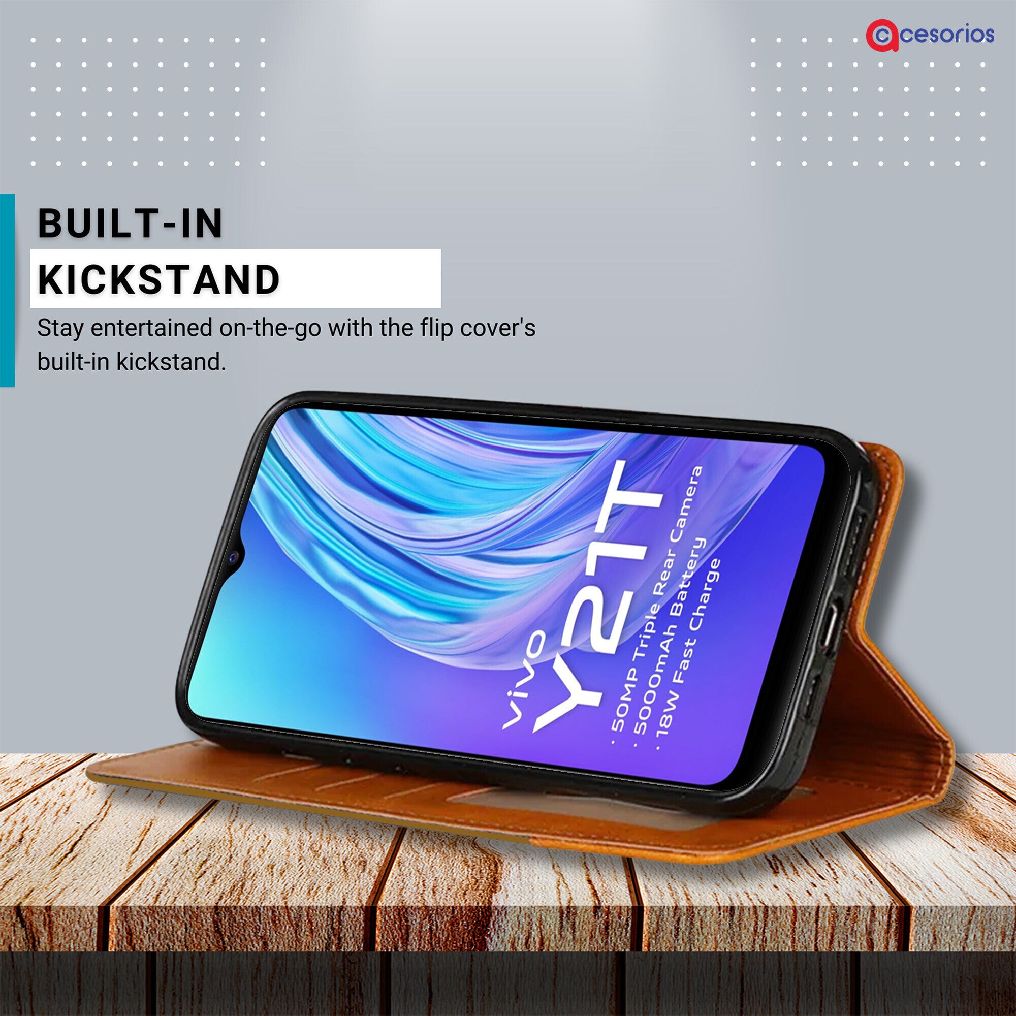Accesorios Vivo Y21T denim flip cover – Light Brown – Image 4 #color_light brown