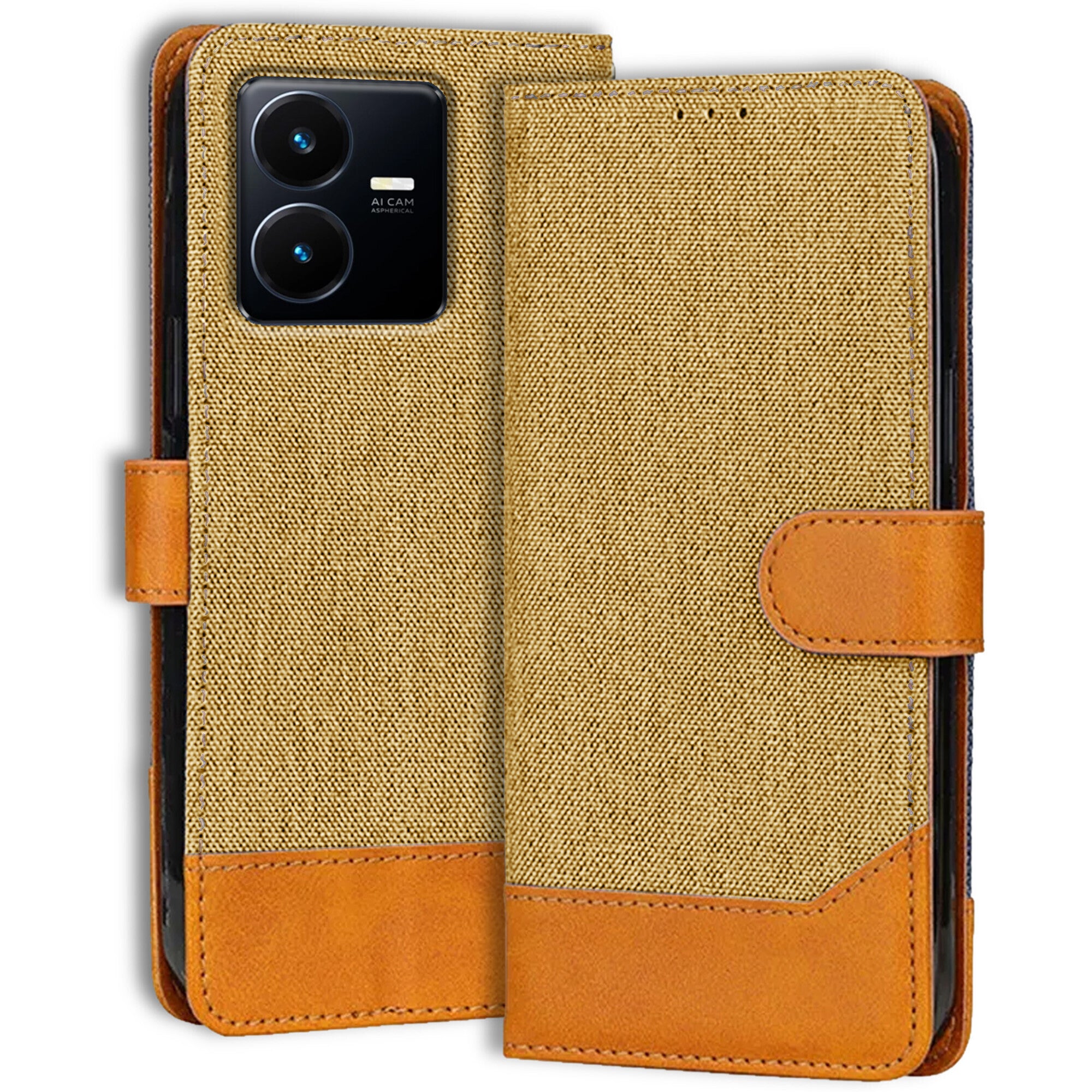 Accesorios Vivo Y22 denim flip cover – Light Brown – Image 1 #color_light brown