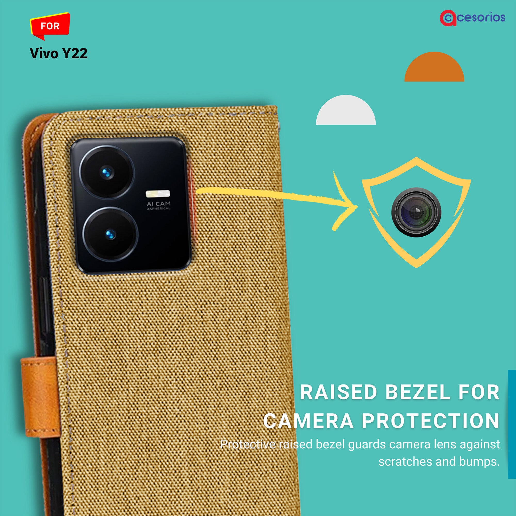 Accesorios Vivo Y22 denim flip cover – Light Brown – Image 2 #color_light brown