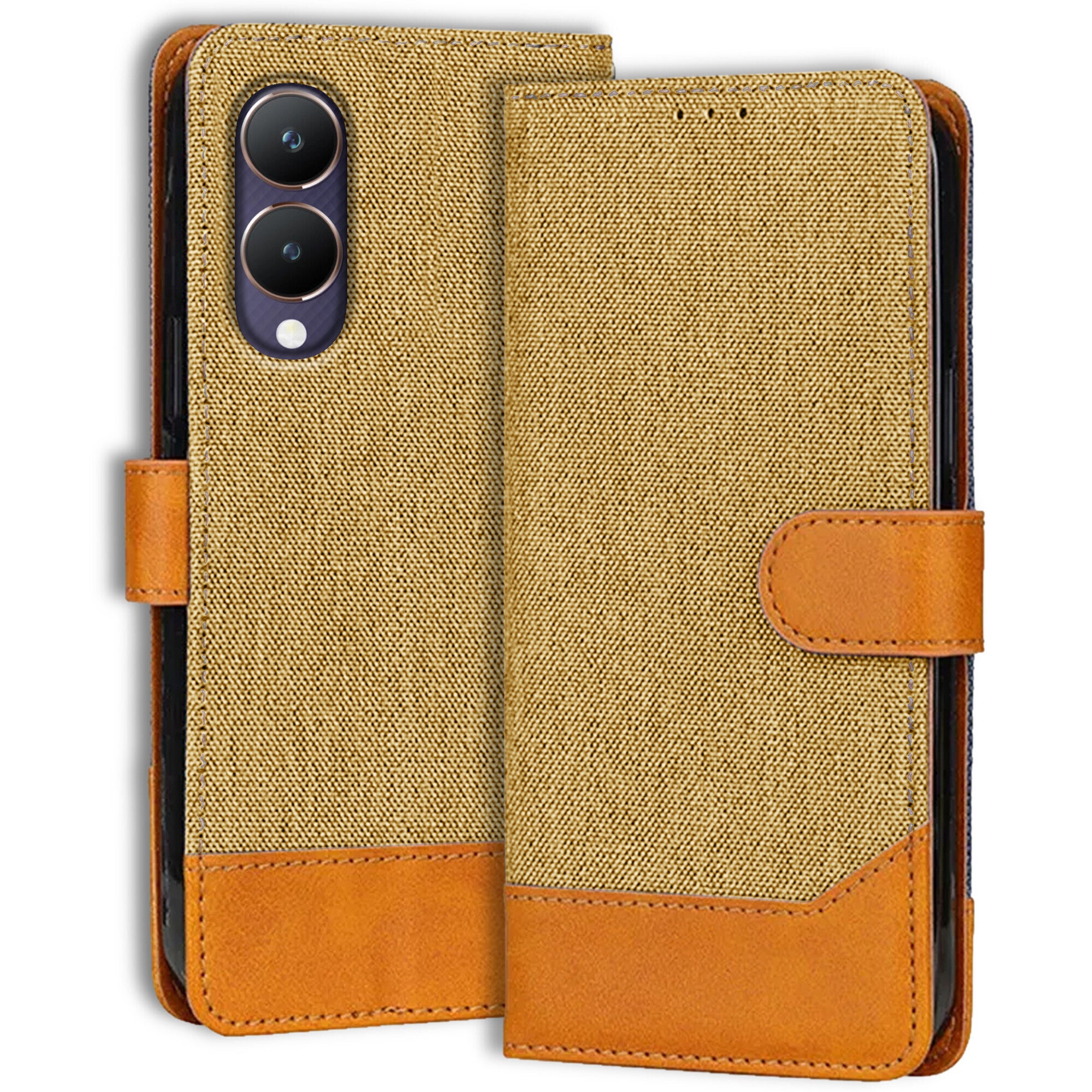 Accesorios Vivo Y28 denim flip cover – Light Brown – Image 1 #color_light brown