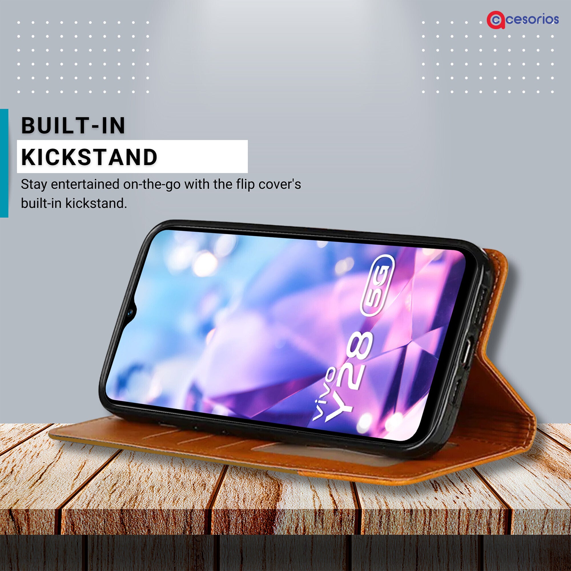 Accesorios Vivo Y28 denim flip cover – Light Brown – Image 4 #color_light brown