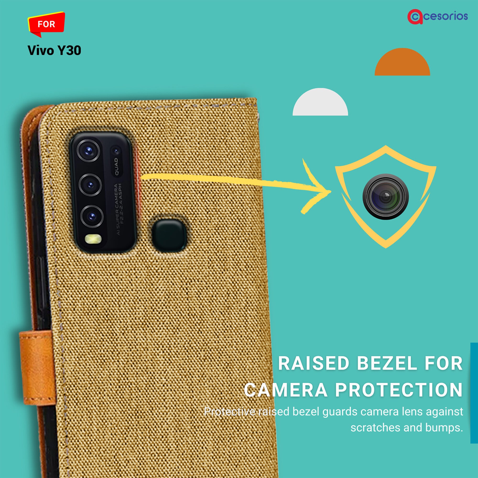 Accesorios Vivo Y30 denim flip cover – Light Brown – Image 2 #color_light brown