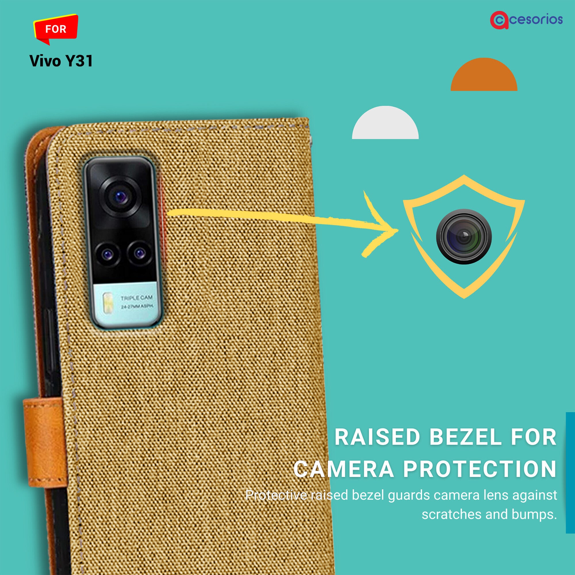 Accesorios Vivo Y31 denim flip cover – Light Brown – Image 2 #color_light brown