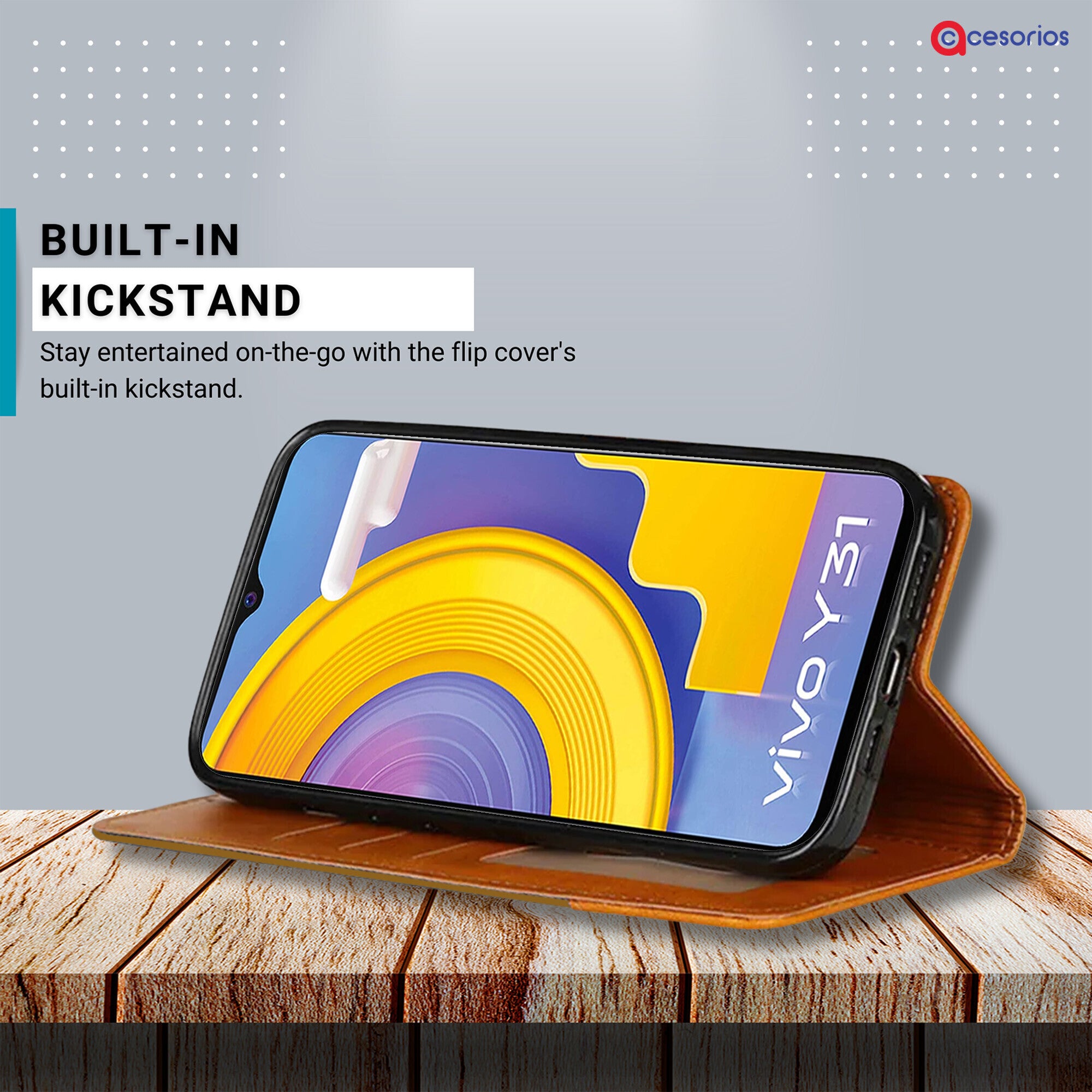 Accesorios Vivo Y31 denim flip cover – Light Brown – Image 4 #color_light brown