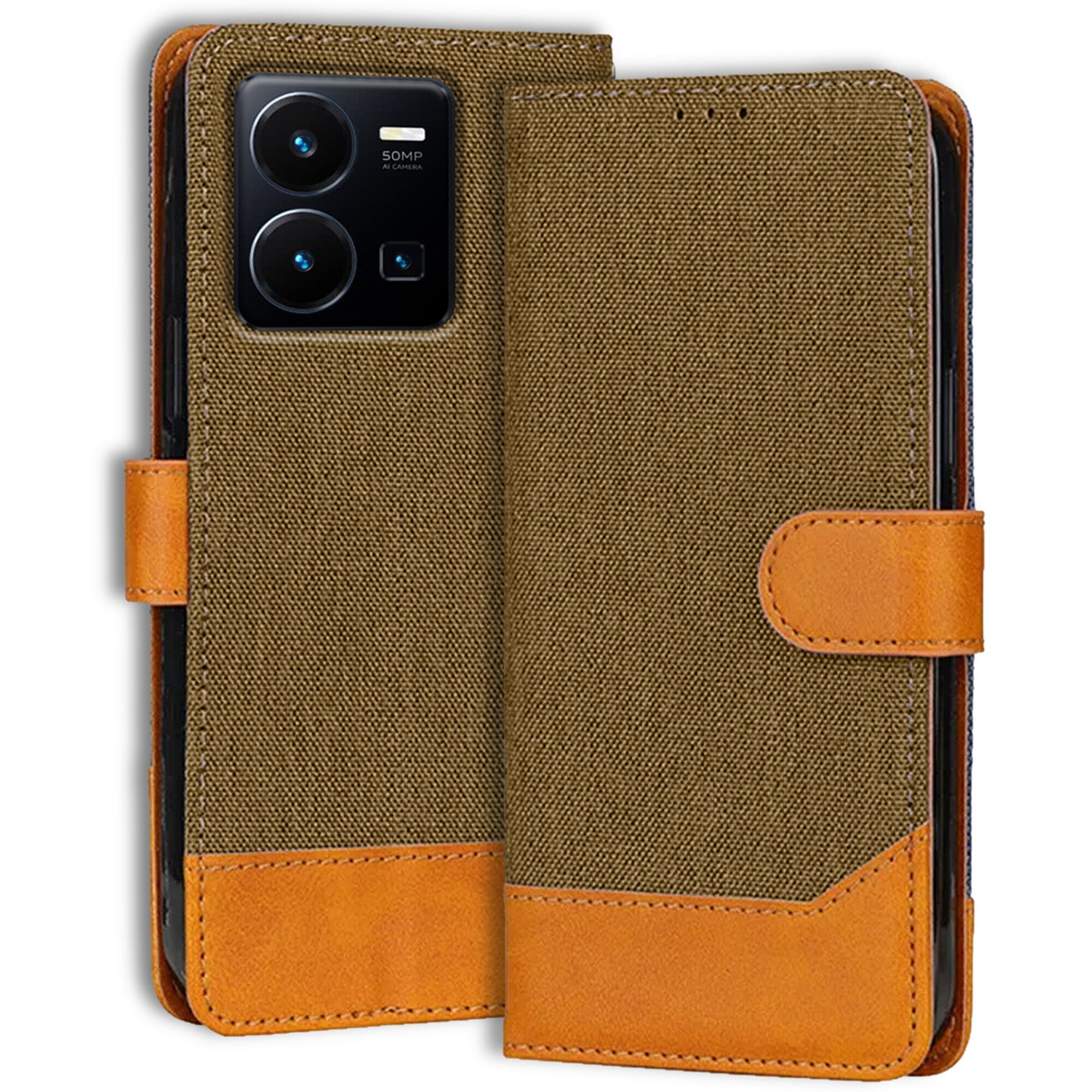 Accesorios Vivo Y35 denim flip cover – Dark Brown – Image 1 #color_dark brown