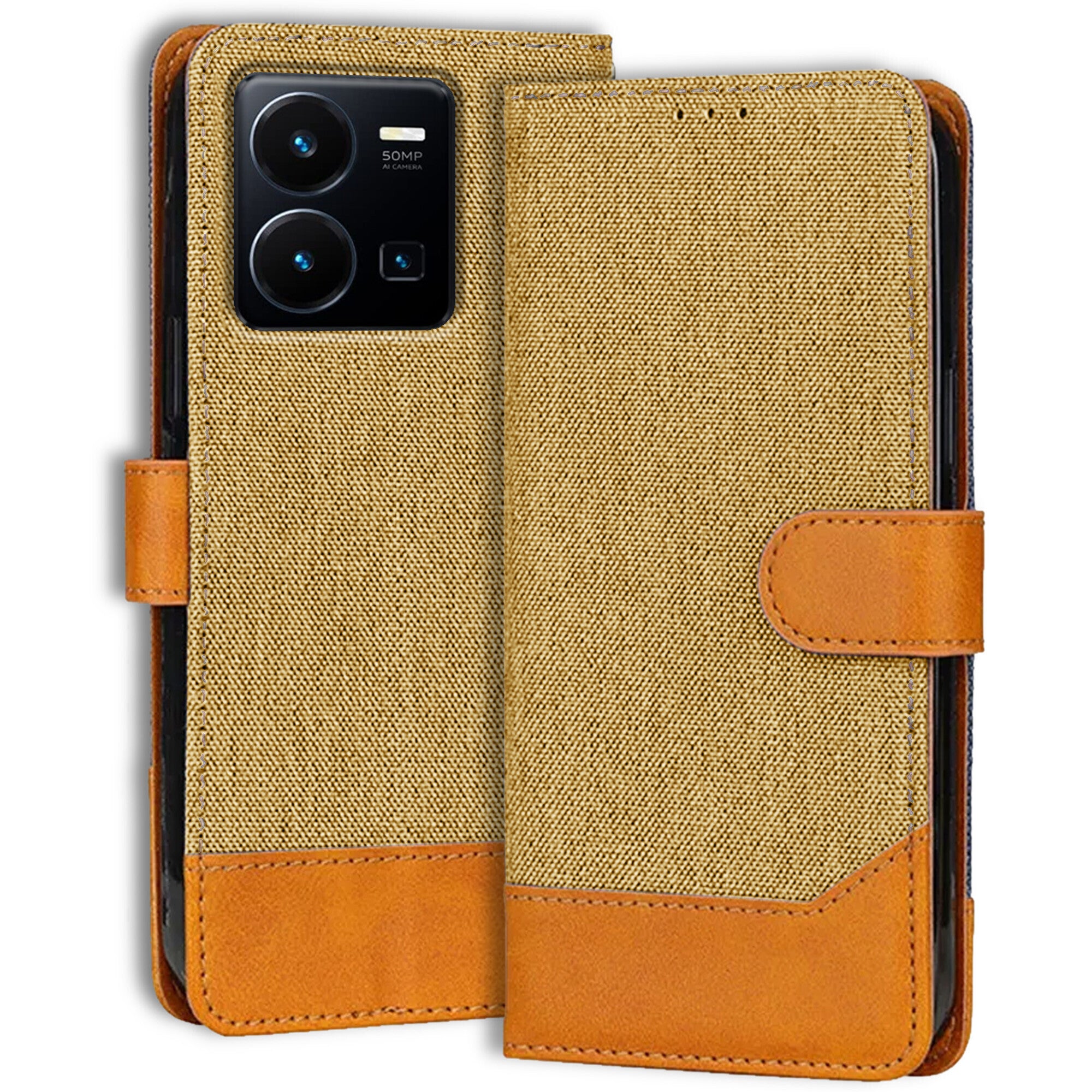 Accesorios Vivo Y35 denim flip cover – Light Brown – Image 1 #color_light brown