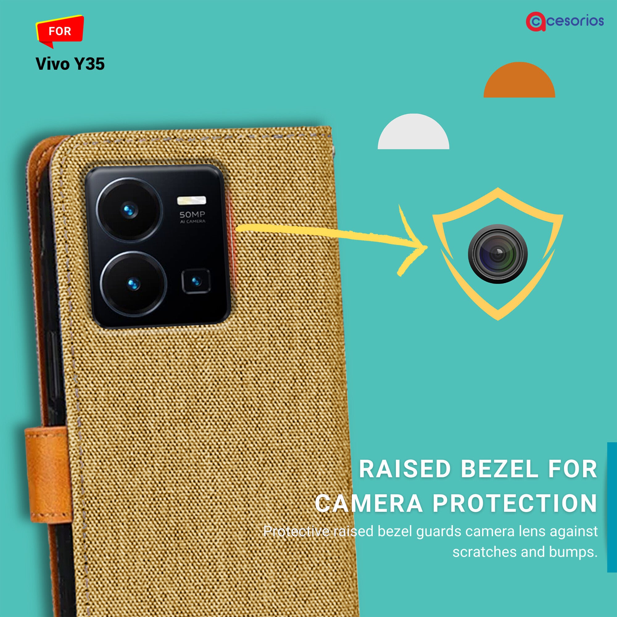 Accesorios Vivo Y35 denim flip cover – Light Brown – Image 2 #color_light brown