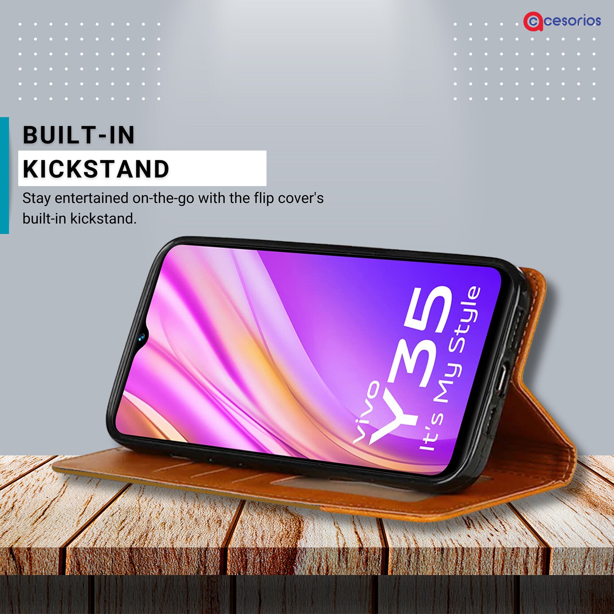 Accesorios Vivo Y35 denim flip cover – Light Brown – Image 4 #color_light brown