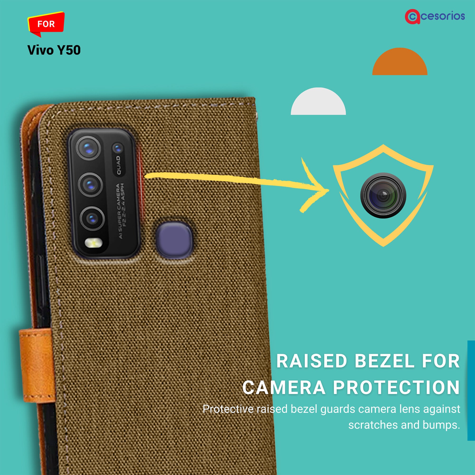Accesorios Vivo Y50 denim flip cover – Dark Brown – Image 2 #color_dark brown