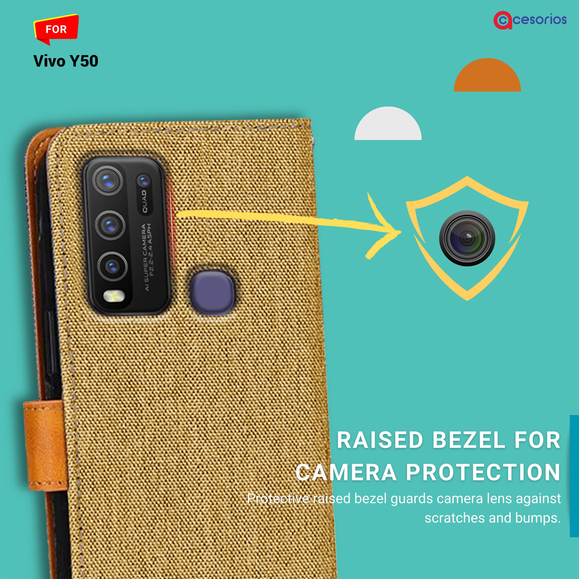 Accesorios Vivo Y50 denim flip cover – Light Brown – Image 2 #color_light brown
