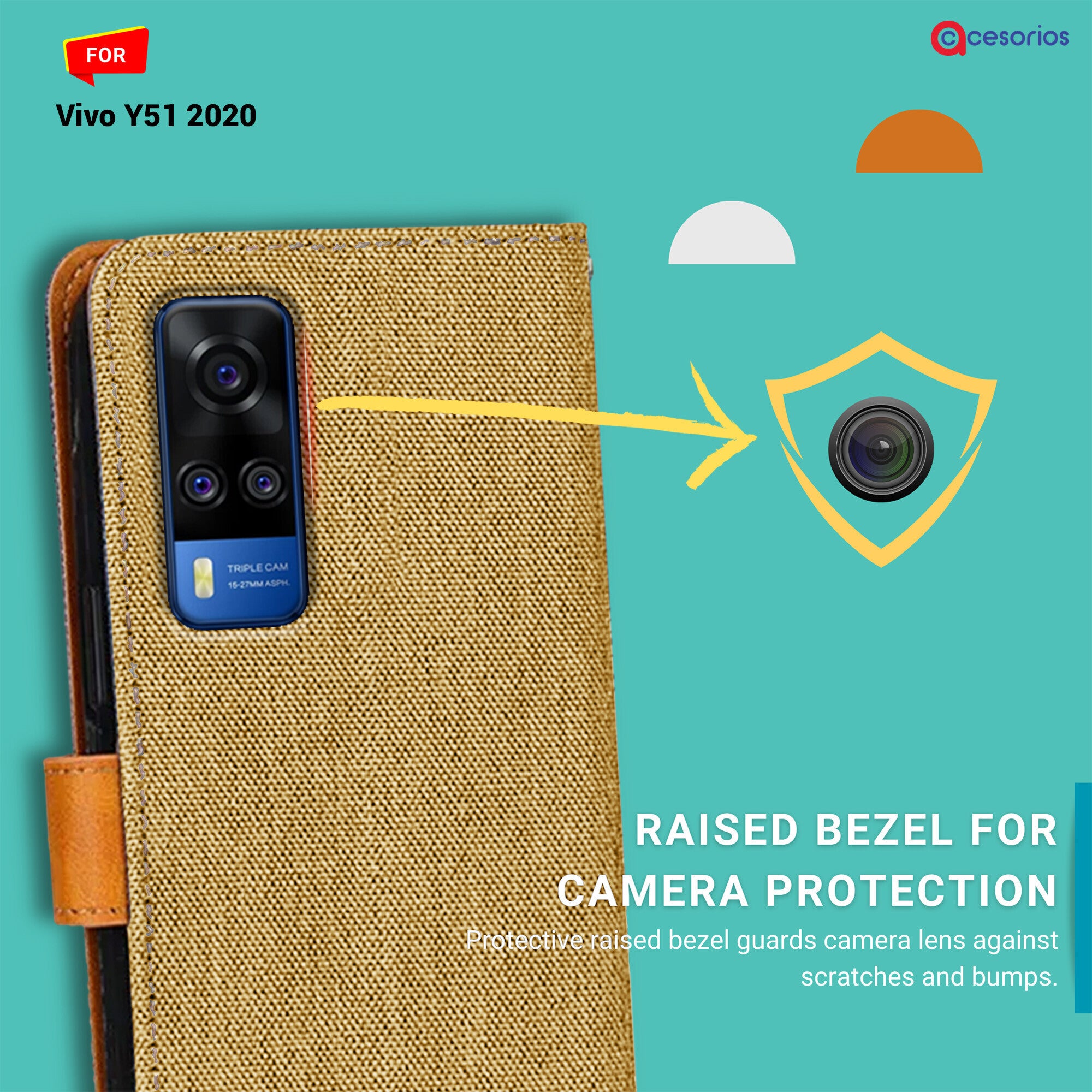 Accesorios Vivo Y51 2020 denim flip cover – Light Brown – Image 2 #color_light brown
