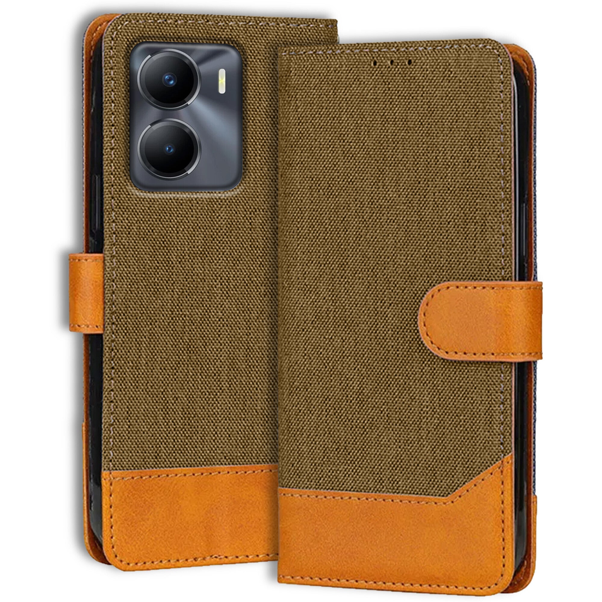 Accesorios Vivo Y56 5G denim flip cover – Dark Brown – Image 1 #color_dark brown