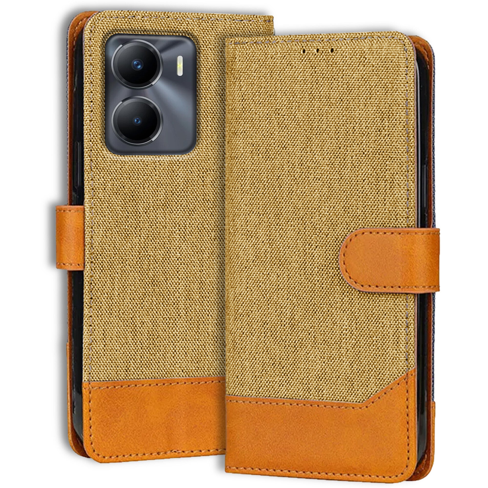 Accesorios Vivo Y56 5G denim flip cover – Light Brown – Image 1 #color_light brown
